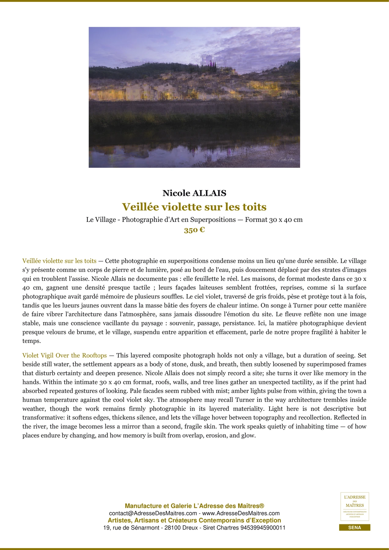 Fiche Premium — Veillée violette sur les toits — Nicole ALLAIS — L'Adresse des Maîtres®