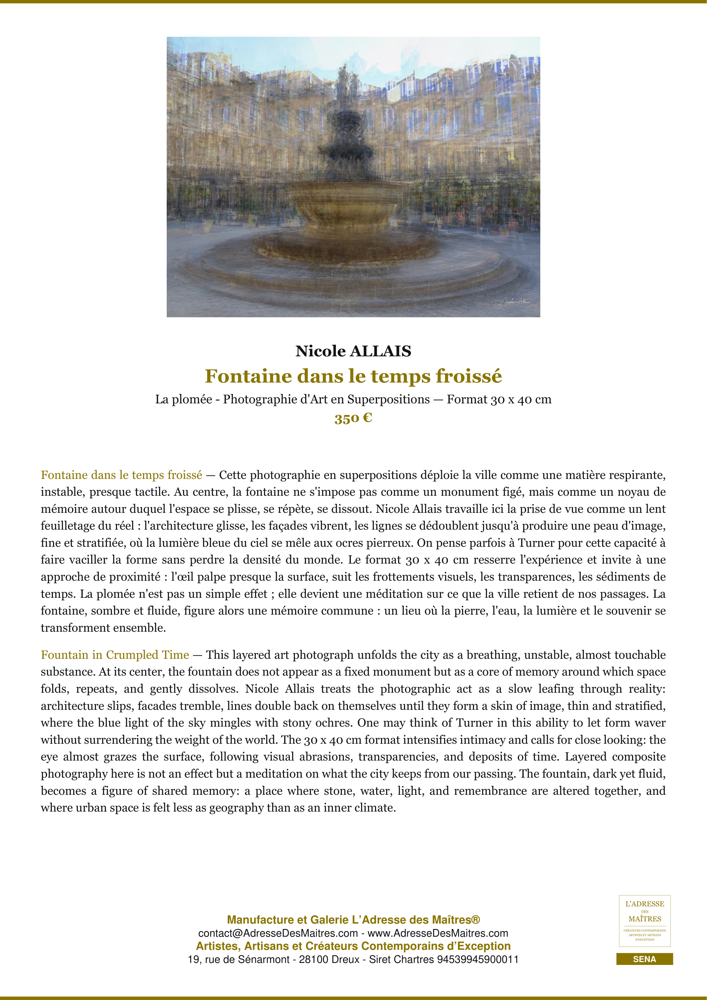 Fiche Premium — Fontaine dans le temps froissé — Nicole ALLAIS — L'Adresse des Maîtres®