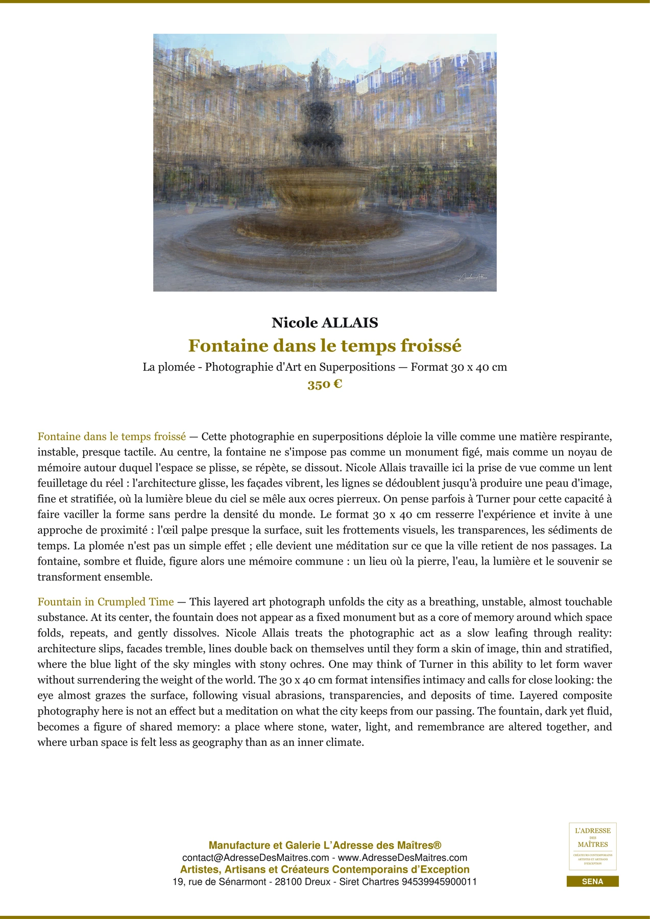 Fiche Premium — Fontaine dans le temps froissé — Nicole ALLAIS — L'Adresse des Maîtres®