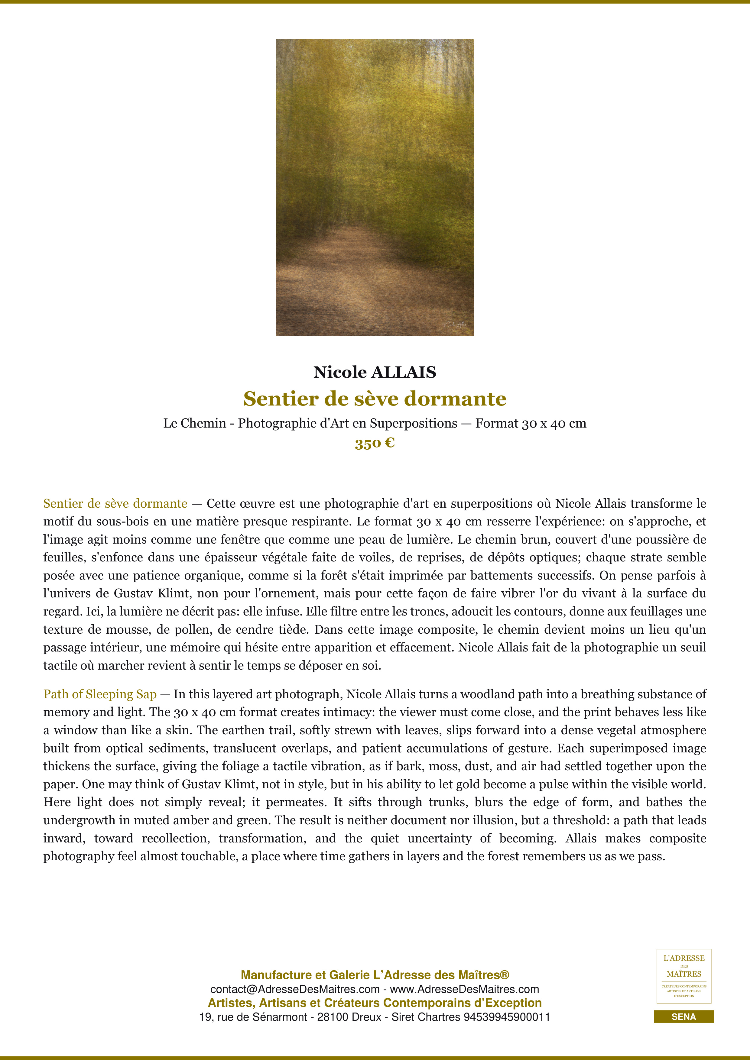 Fiche Premium — Sentier de sève dormante — Nicole ALLAIS — L'Adresse des Maîtres®