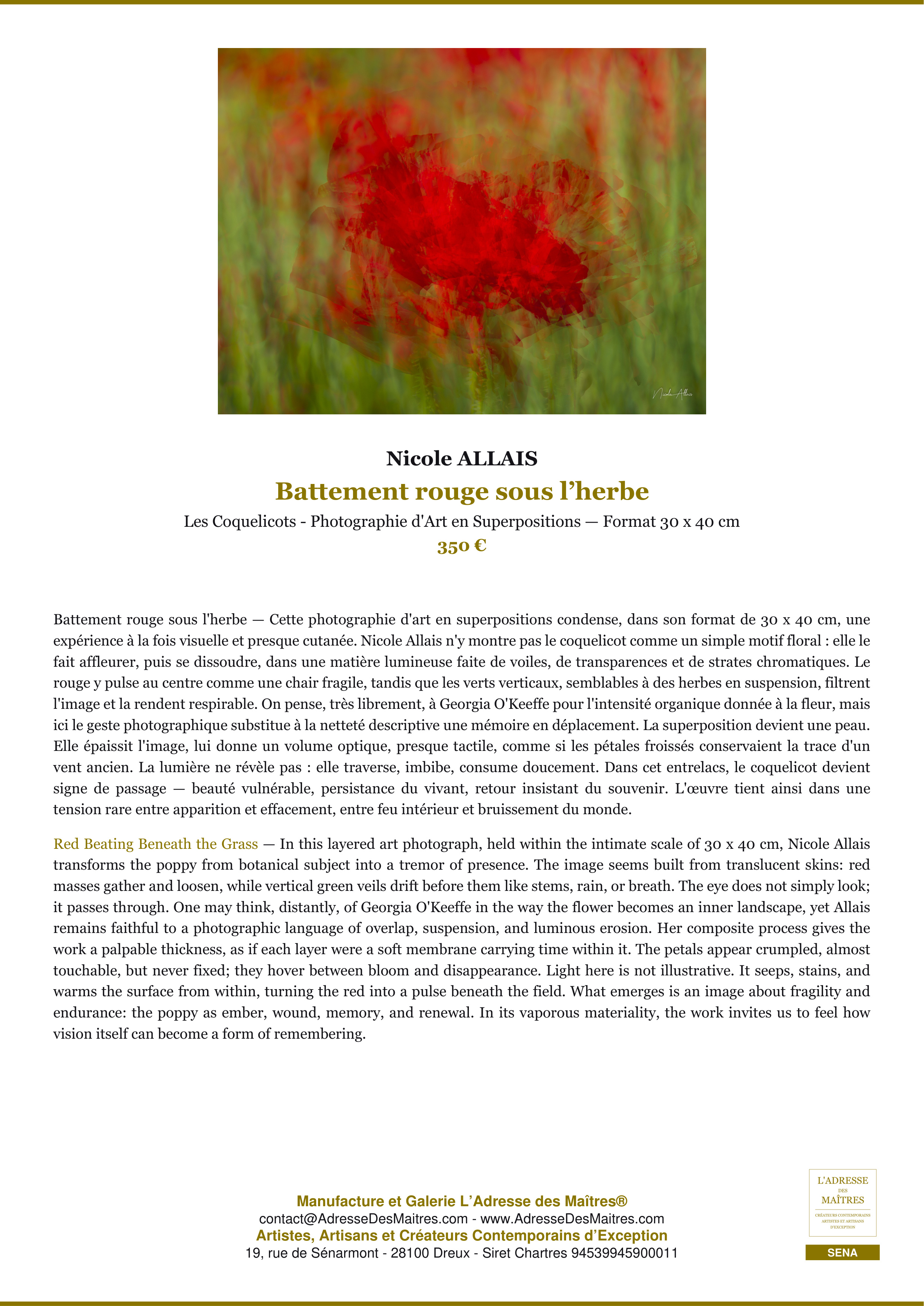 Fiche Premium — Battement rouge sous l’herbe — Nicole ALLAIS — L'Adresse des Maîtres®