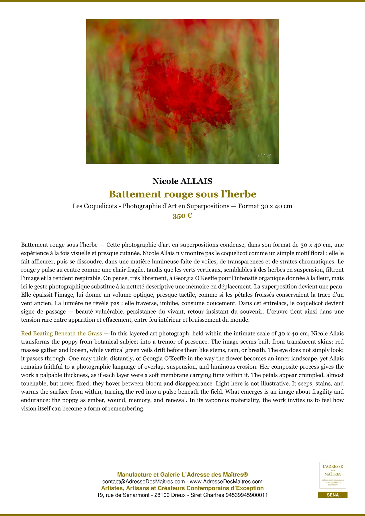 Fiche Premium — Battement rouge sous l’herbe — Nicole ALLAIS — L'Adresse des Maîtres®