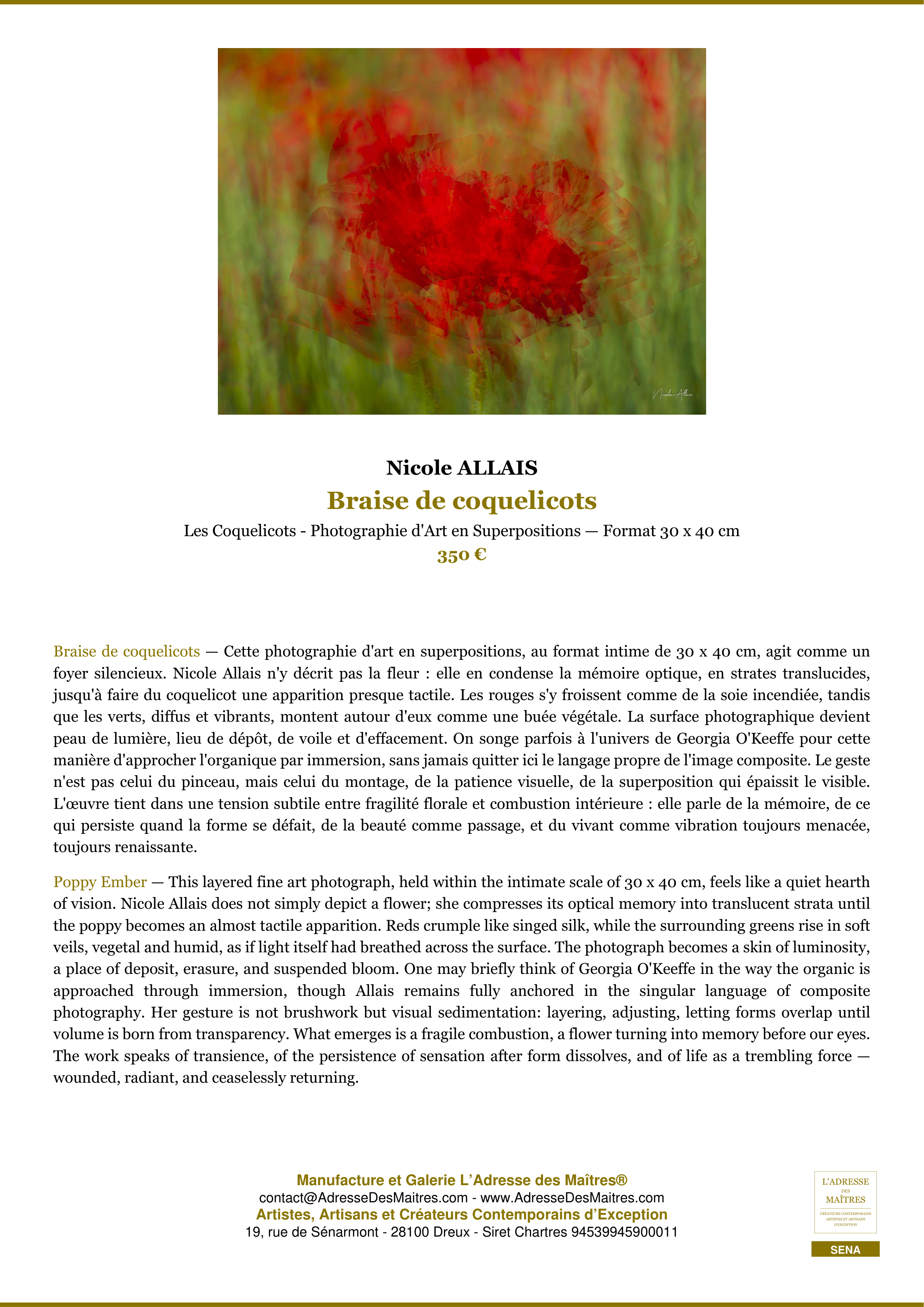 Fiche Premium — Braise de coquelicots — Nicole ALLAIS — L'Adresse des Maîtres®