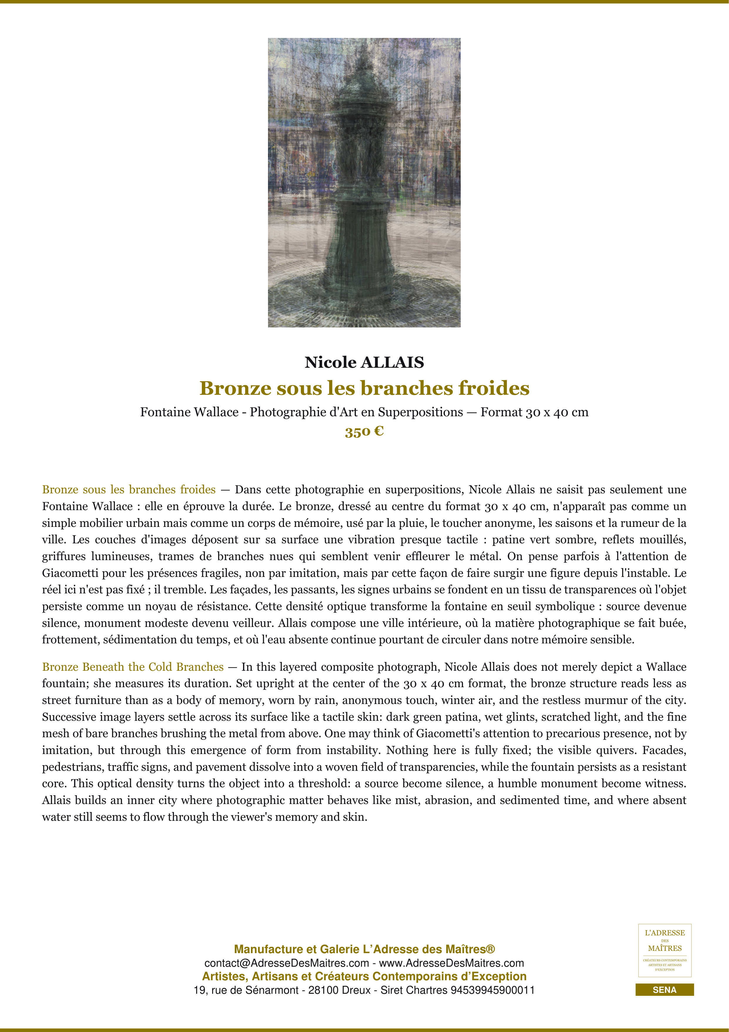Fiche Premium — Bronze sous les branches froides — Nicole ALLAIS — L'Adresse des Maîtres®