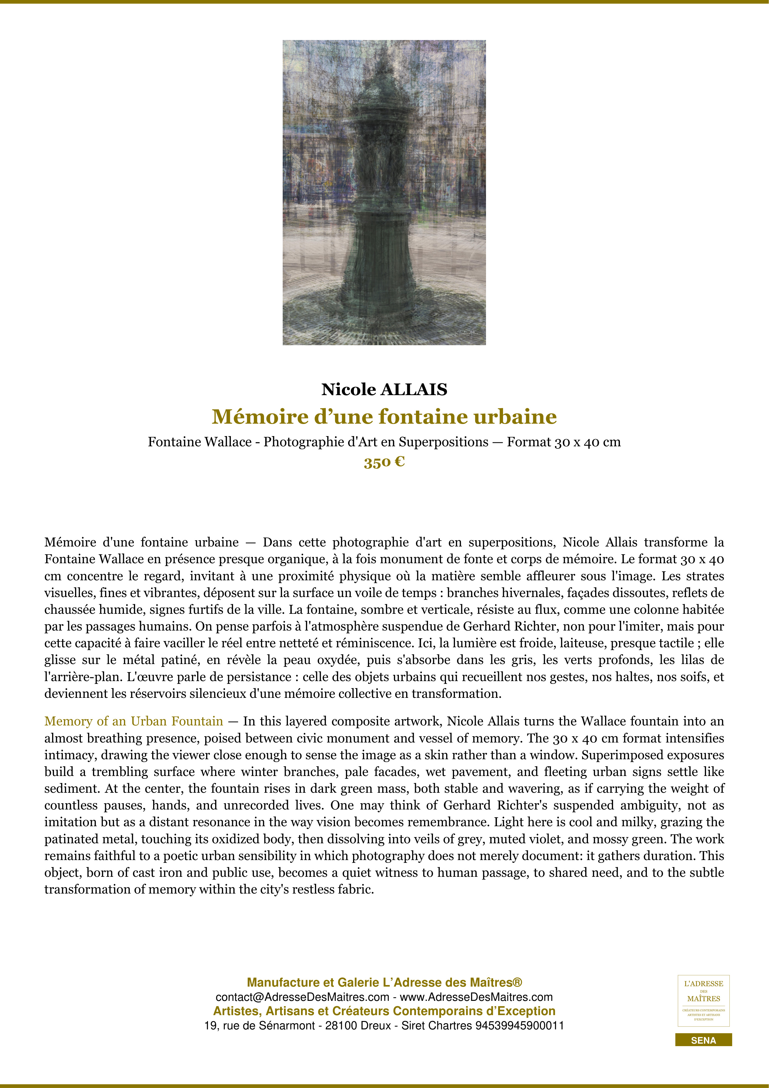 Fiche Premium — Mémoire d’une fontaine urbaine — Nicole ALLAIS — L'Adresse des Maîtres®