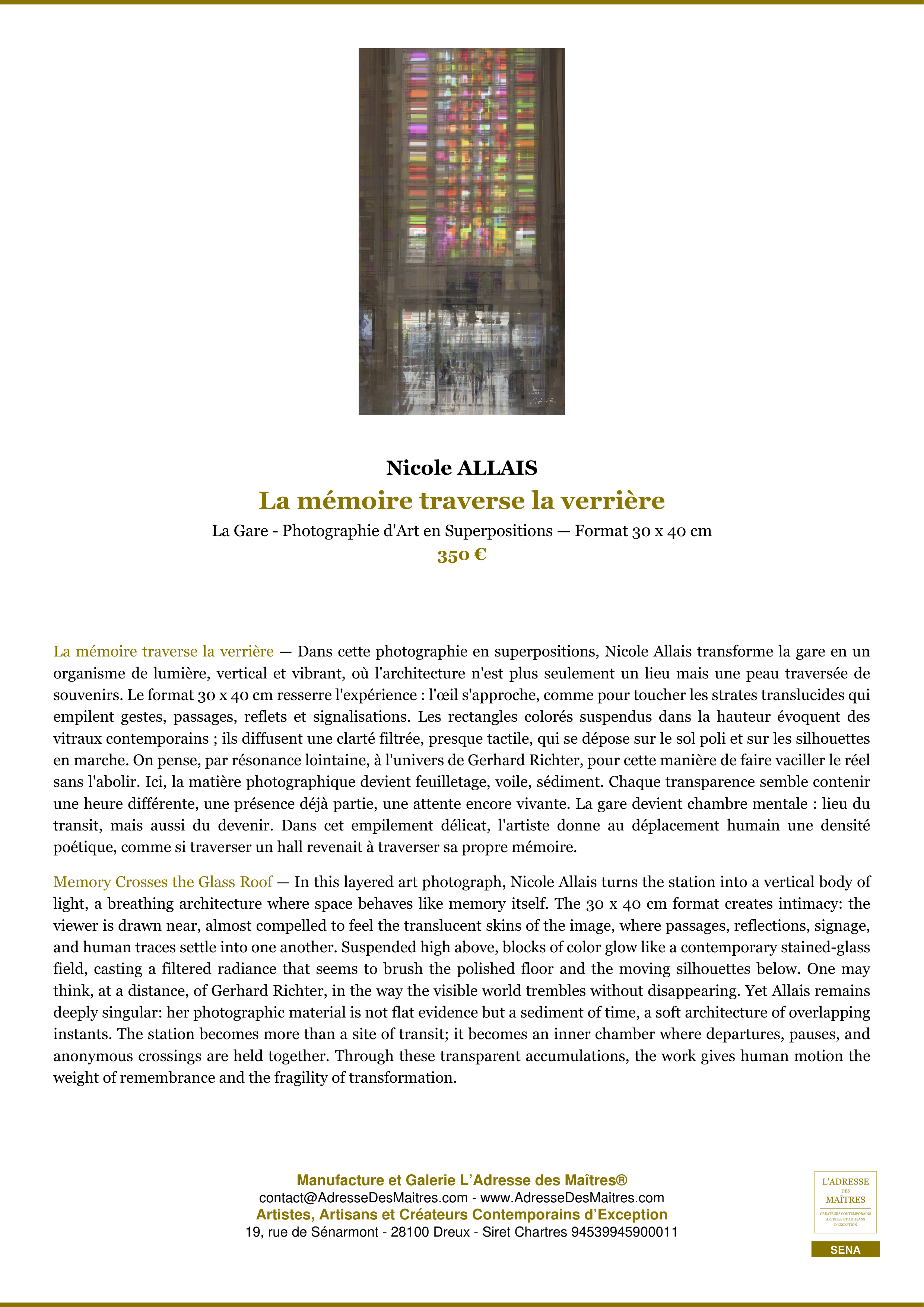 Fiche Premium — La mémoire traverse la verrière — Nicole ALLAIS — L'Adresse des Maîtres®