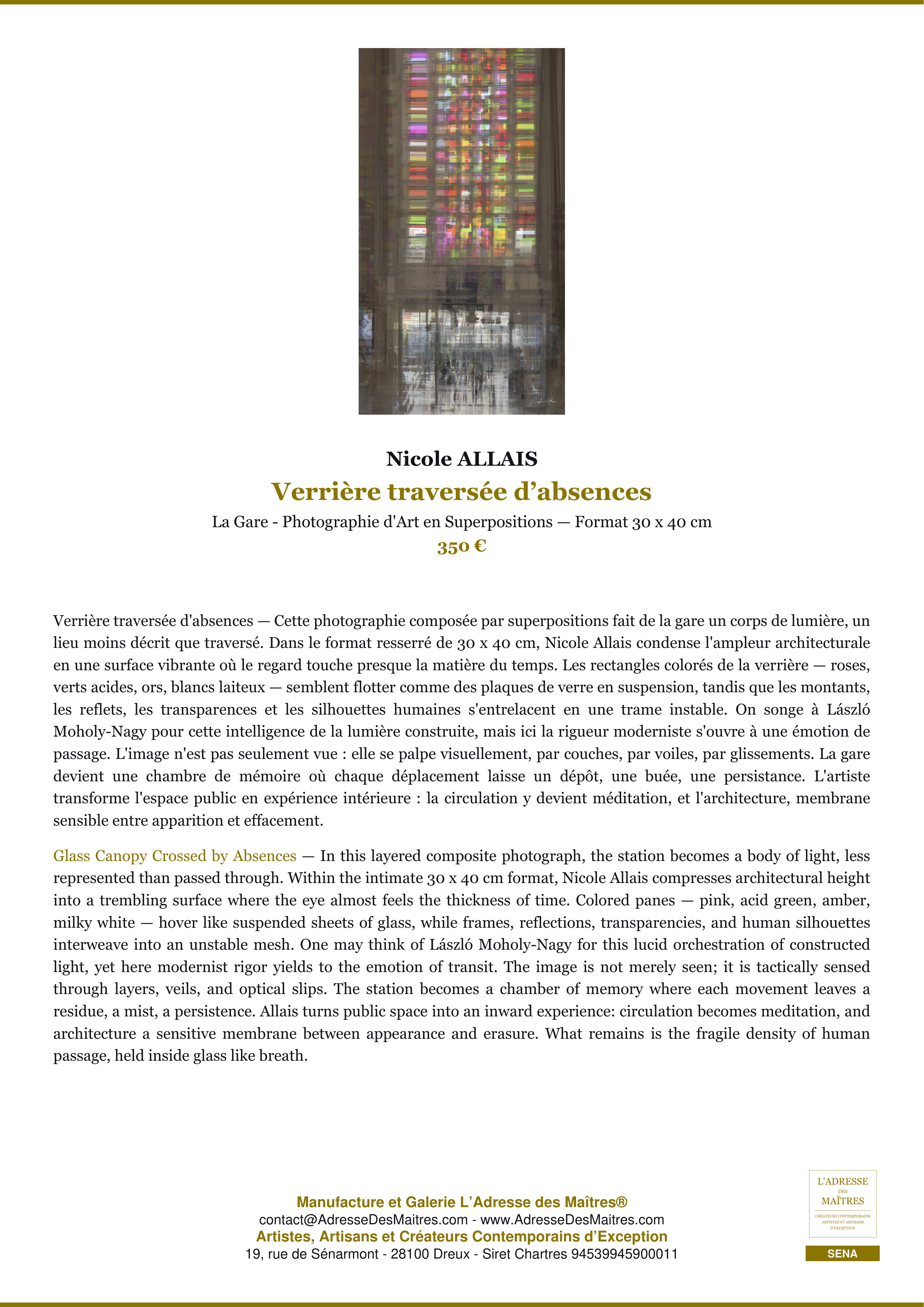 Fiche Premium — Verrière traversée d’absences — Nicole ALLAIS — L'Adresse des Maîtres®