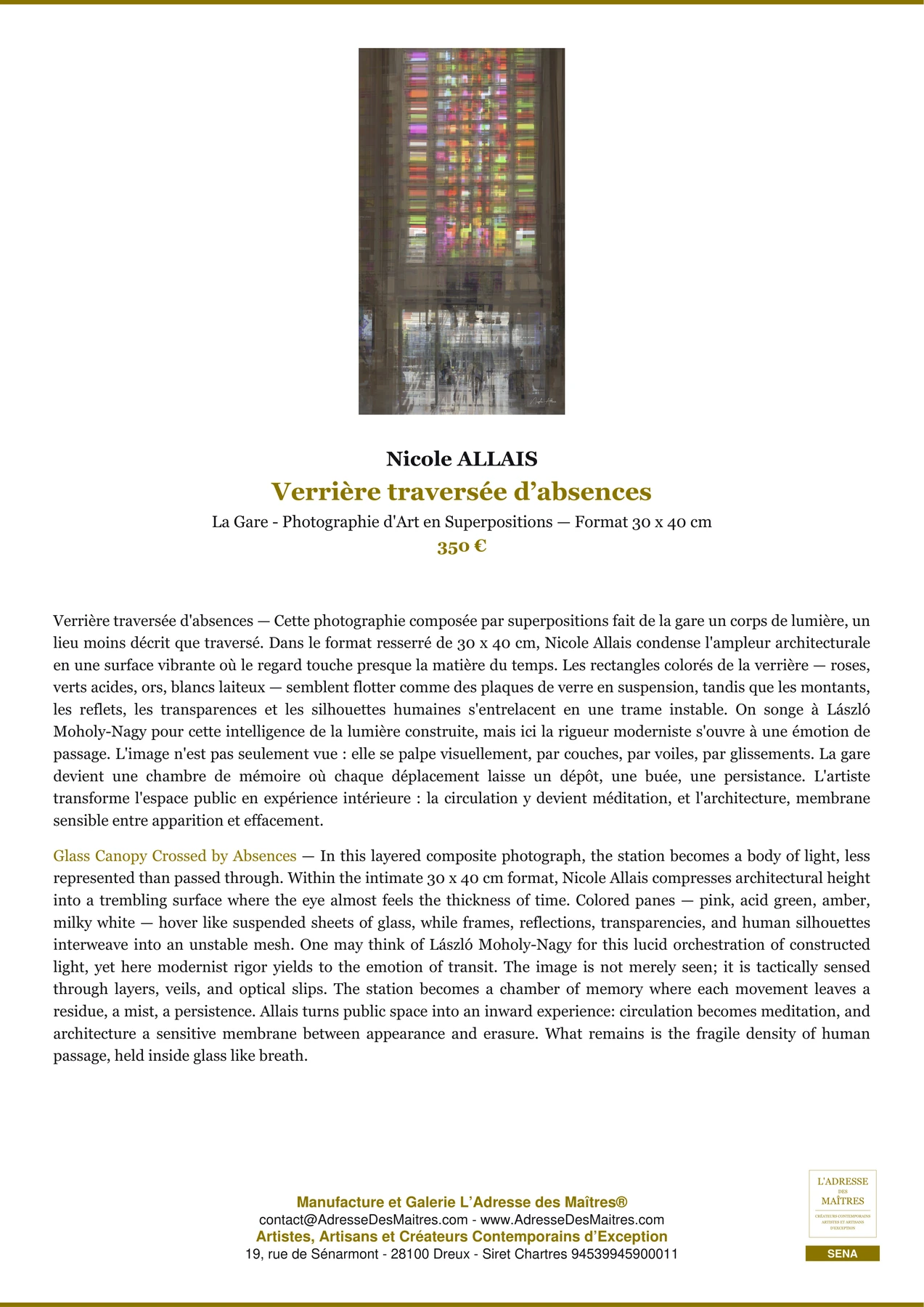 Fiche Premium — Verrière traversée d’absences — Nicole ALLAIS — L'Adresse des Maîtres®