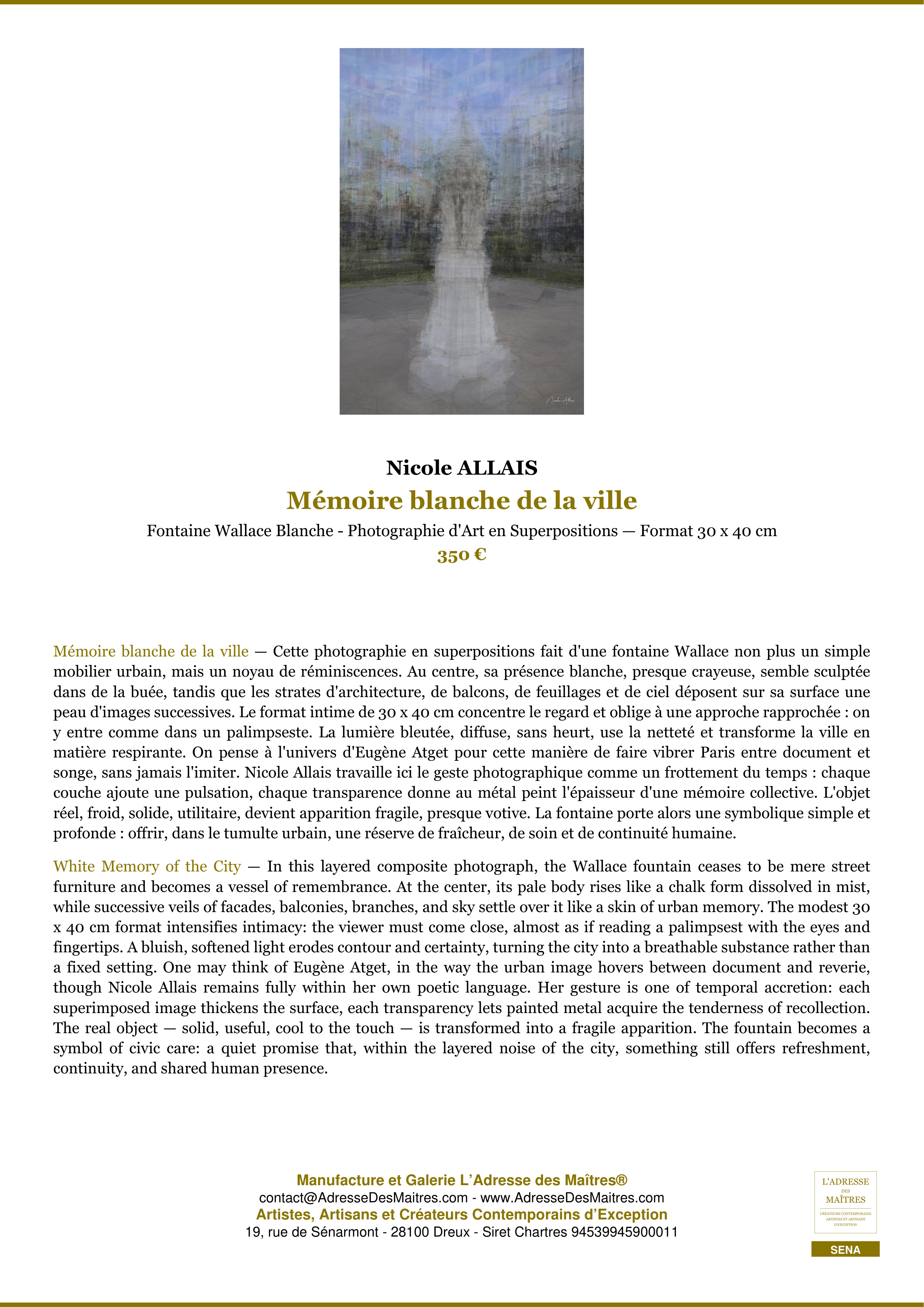 Fiche Premium — Mémoire blanche de la ville — Nicole ALLAIS — L'Adresse des Maîtres®