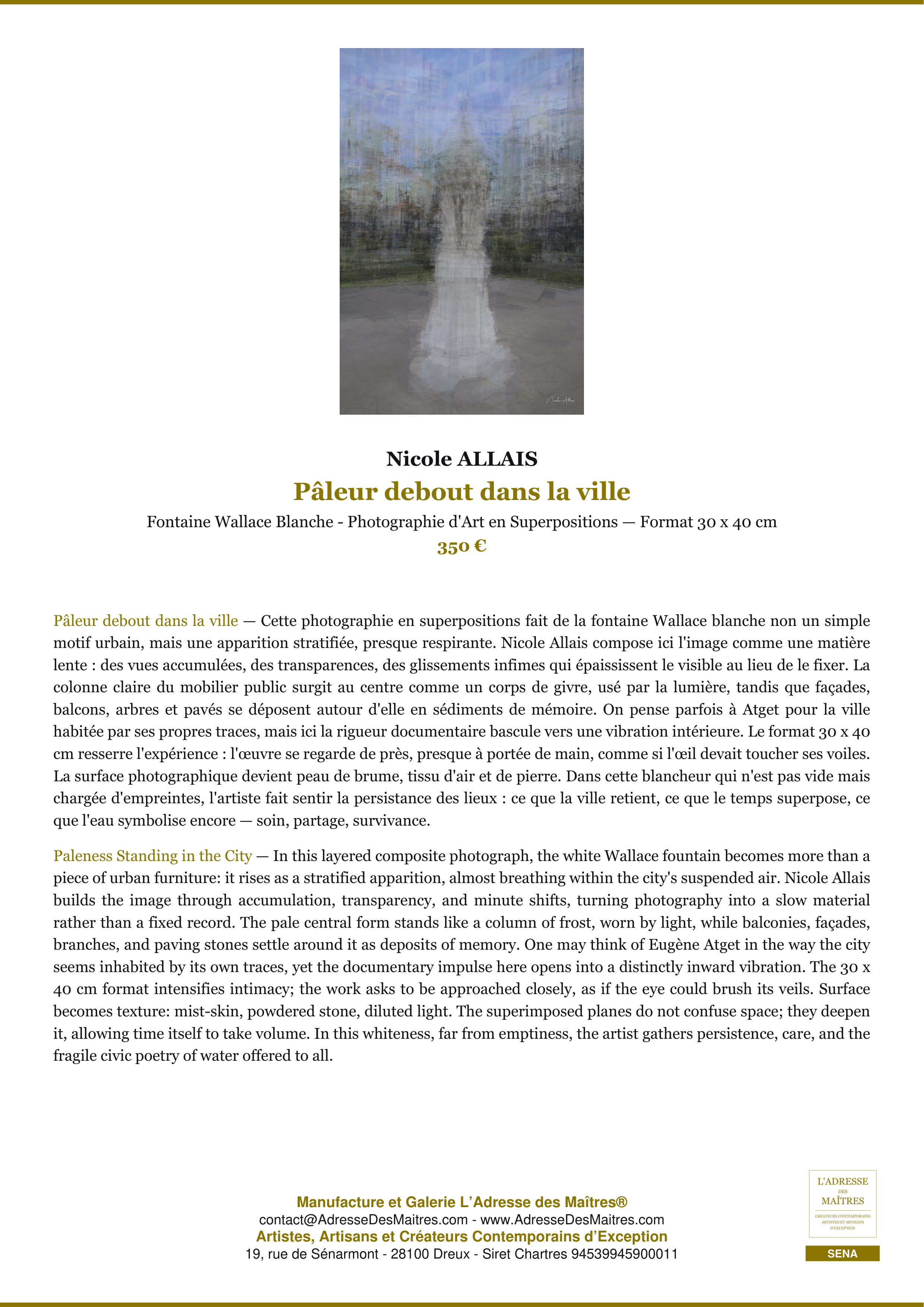 Fiche Premium — Pâleur debout dans la ville — Nicole ALLAIS — L'Adresse des Maîtres®