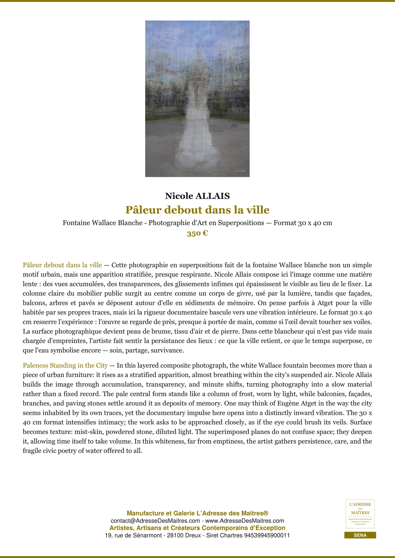 Fiche Premium — Pâleur debout dans la ville — Nicole ALLAIS — L'Adresse des Maîtres®