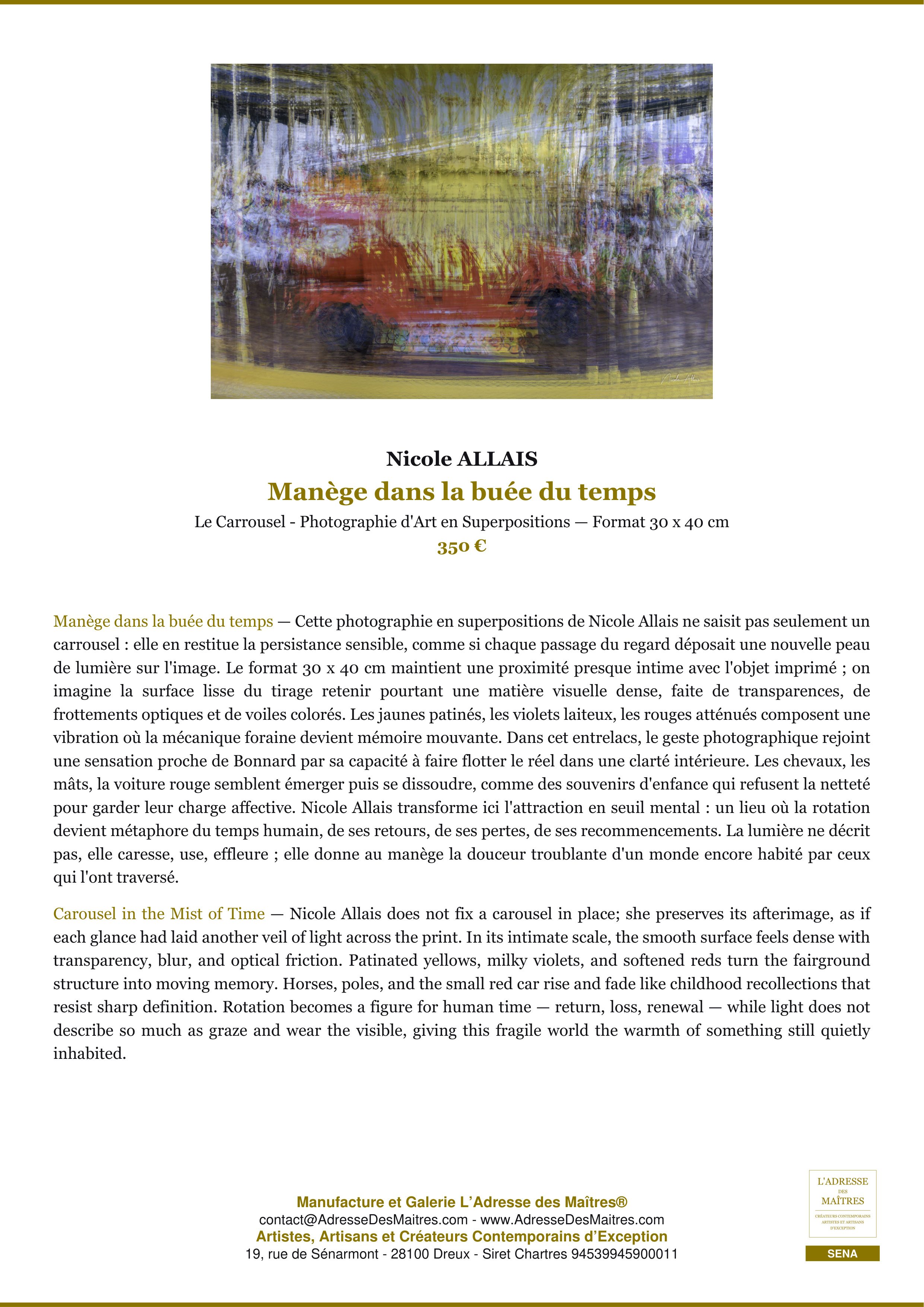 Fiche Premium — Manège dans la buée du temps — Nicole ALLAIS — L'Adresse des Maîtres®