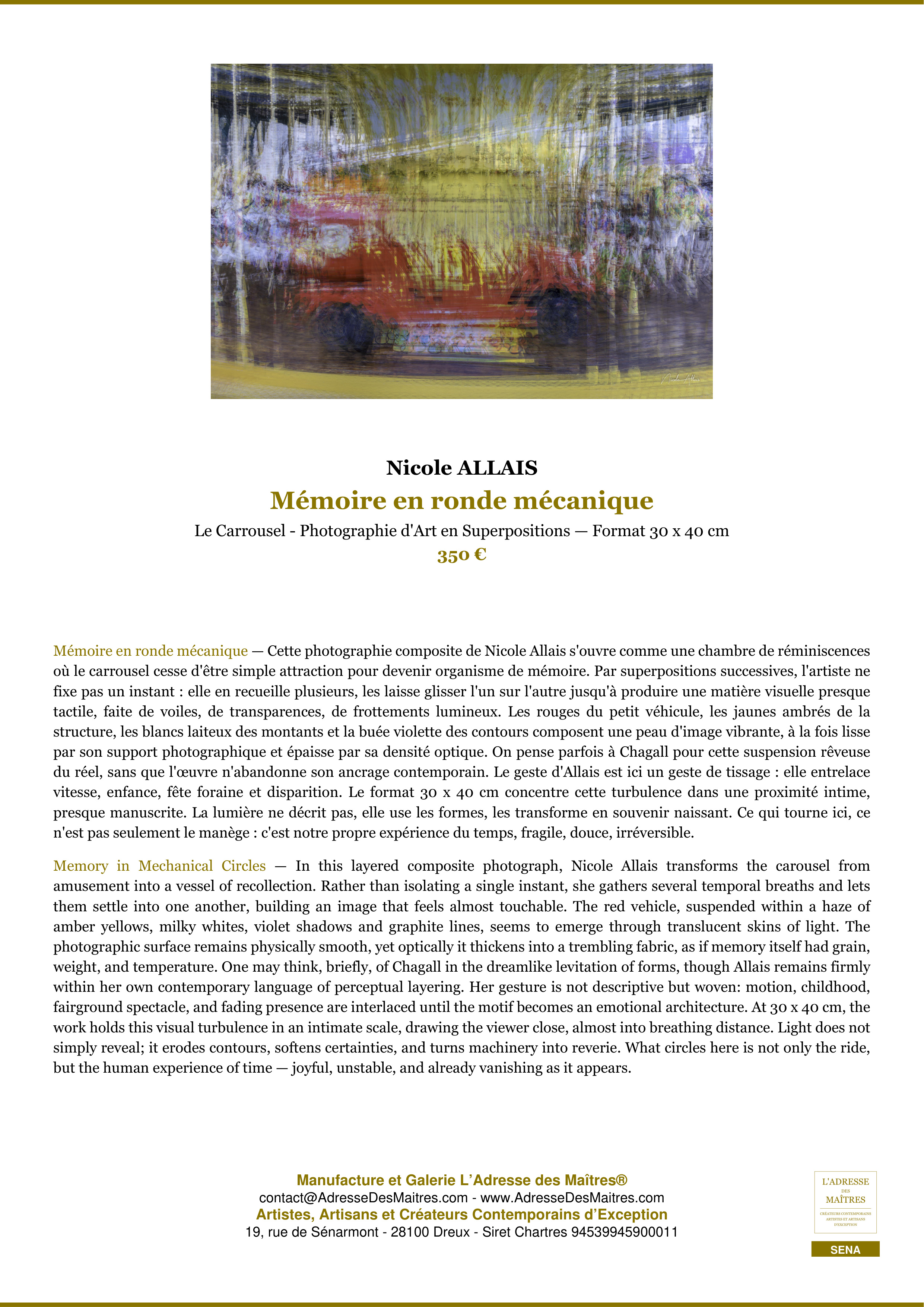 Fiche Premium — Mémoire en ronde mécanique — Nicole ALLAIS — L'Adresse des Maîtres®