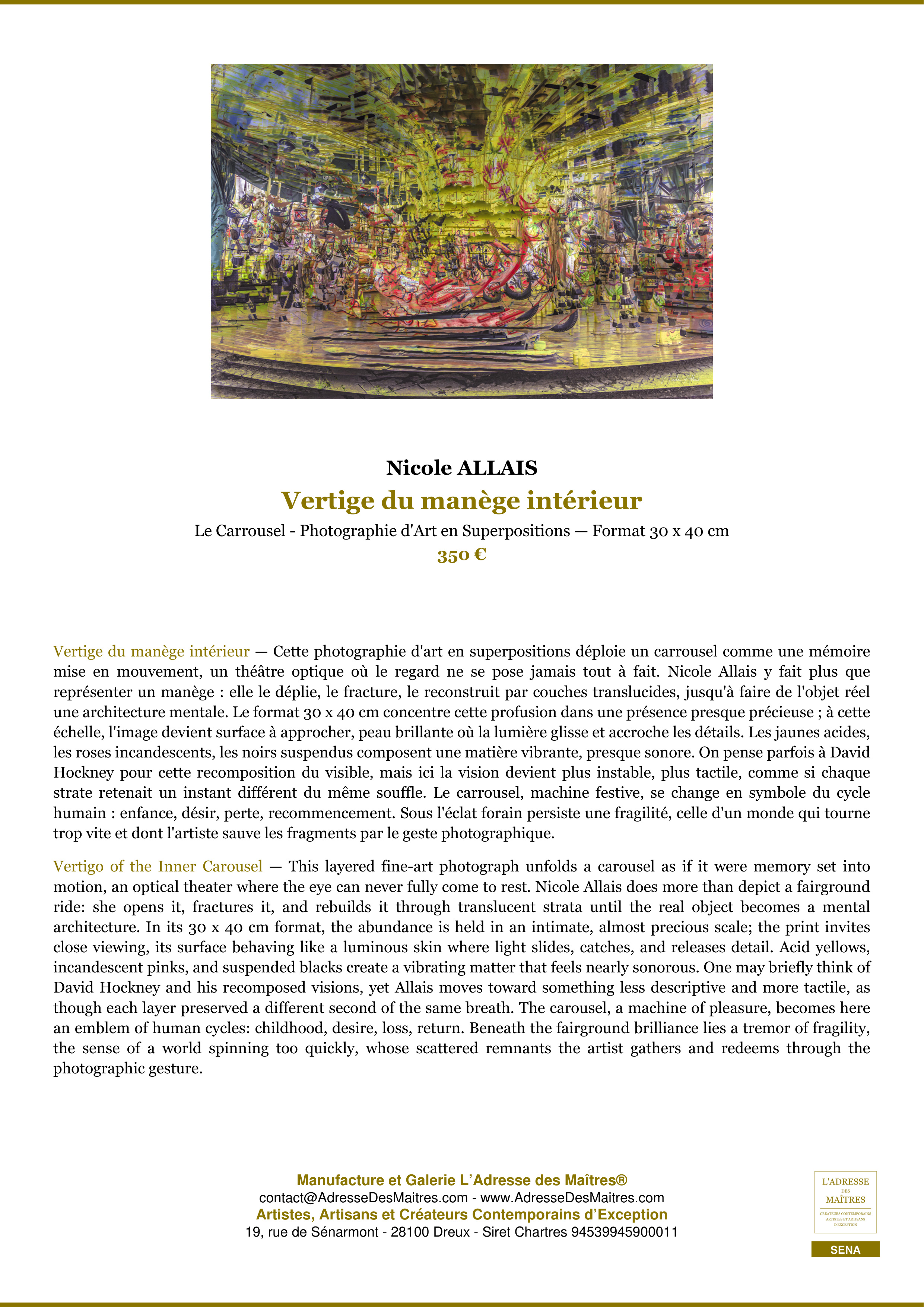 Fiche Premium — Vertige du manège intérieur — Nicole ALLAIS — L'Adresse des Maîtres®