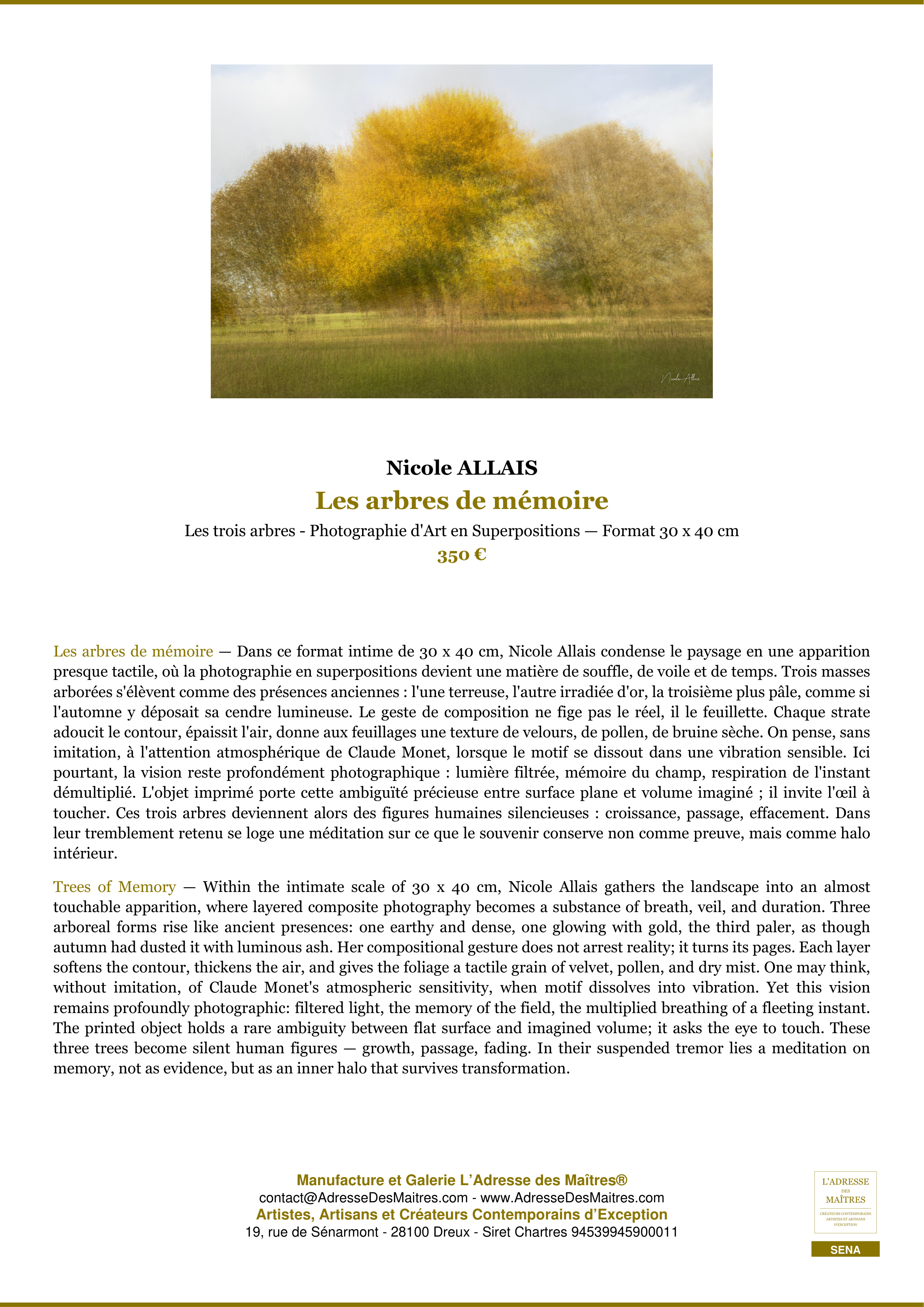Fiche Premium — Les arbres de mémoire — Nicole ALLAIS — L'Adresse des Maîtres®