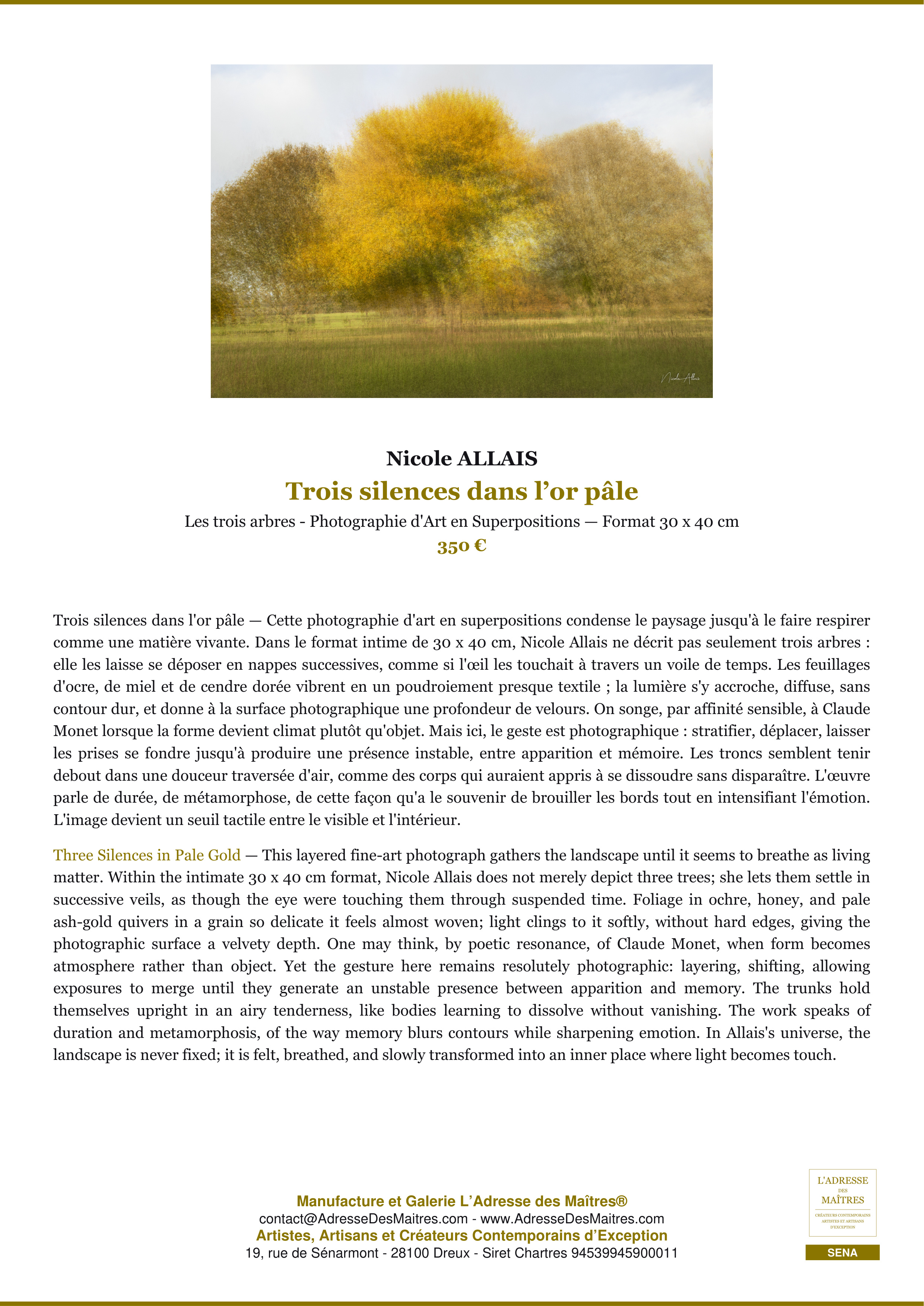 Fiche Premium — Trois silences dans l’or pâle — Nicole ALLAIS — L'Adresse des Maîtres®