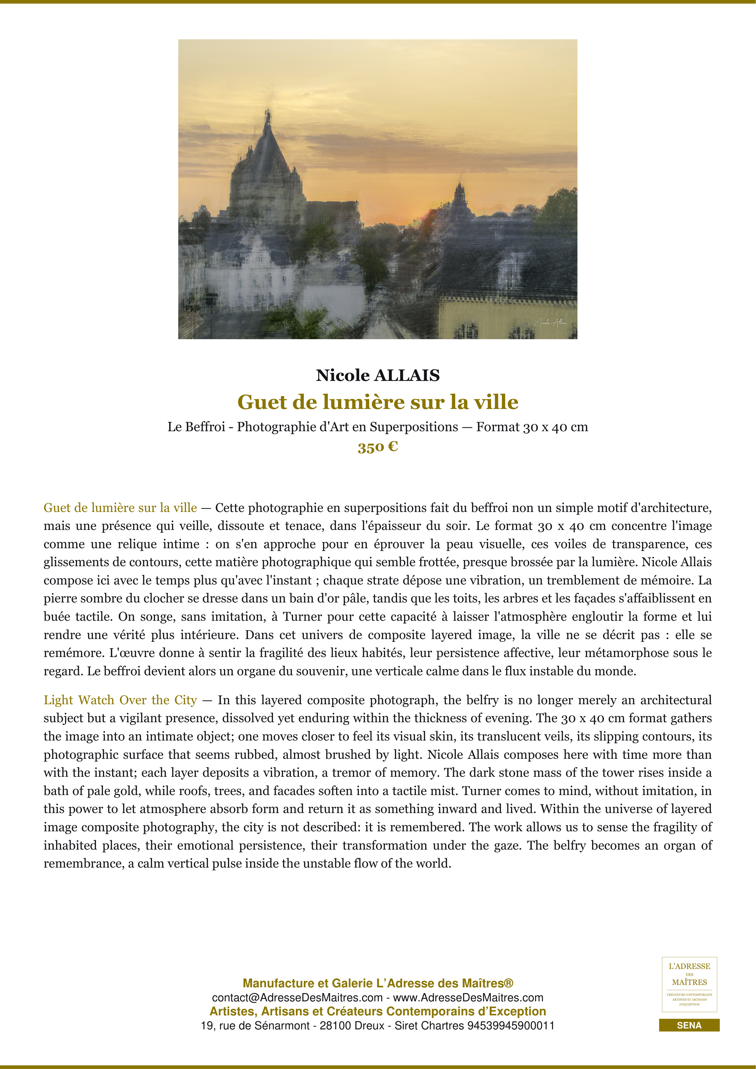 Fiche Premium — Guet de lumière sur la ville — Nicole ALLAIS — L'Adresse des Maîtres®