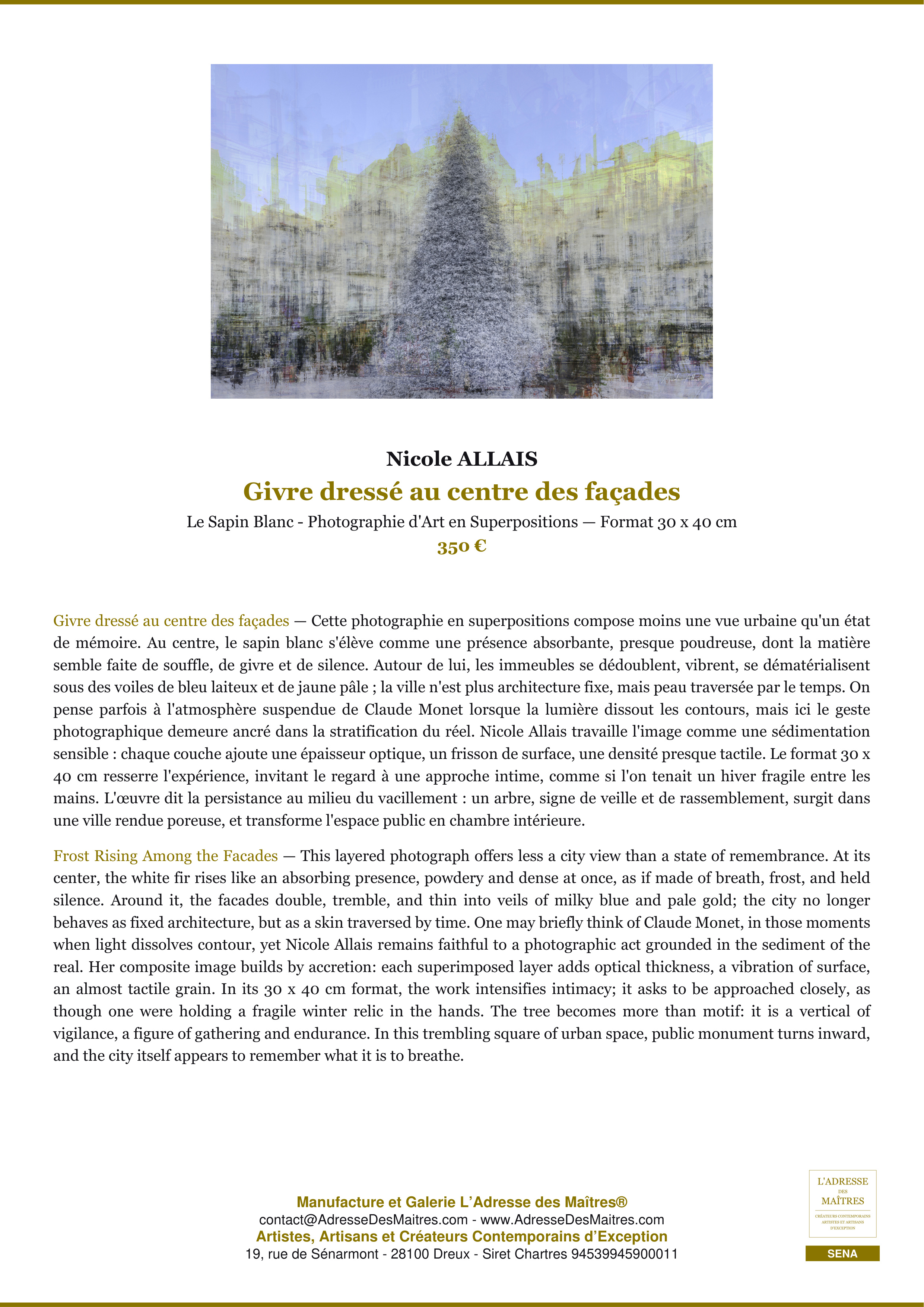 Fiche Premium — Givre dressé au centre des façades — Nicole ALLAIS — L'Adresse des Maîtres®