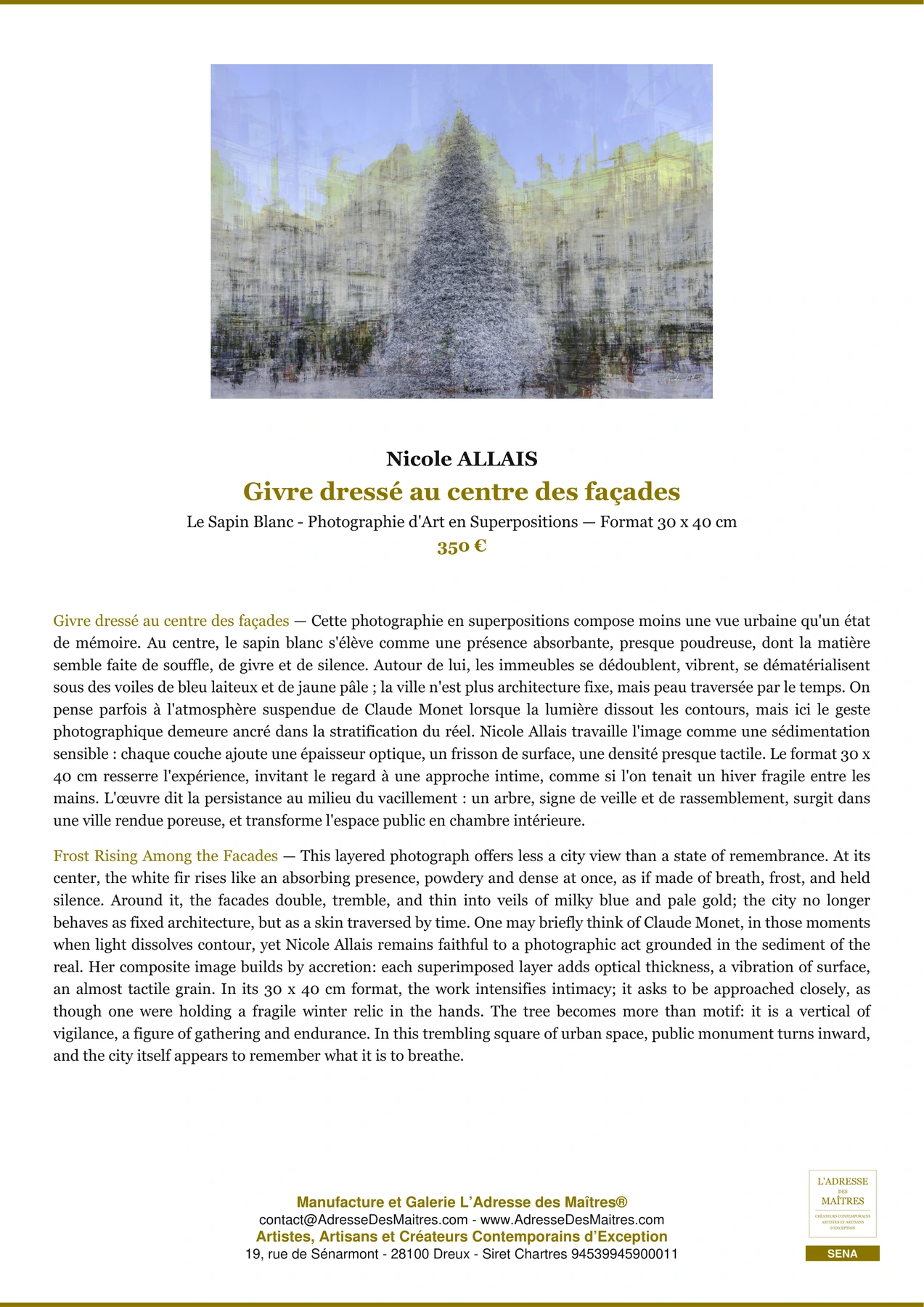 Fiche Premium — Givre dressé au centre des façades — Nicole ALLAIS — L'Adresse des Maîtres®