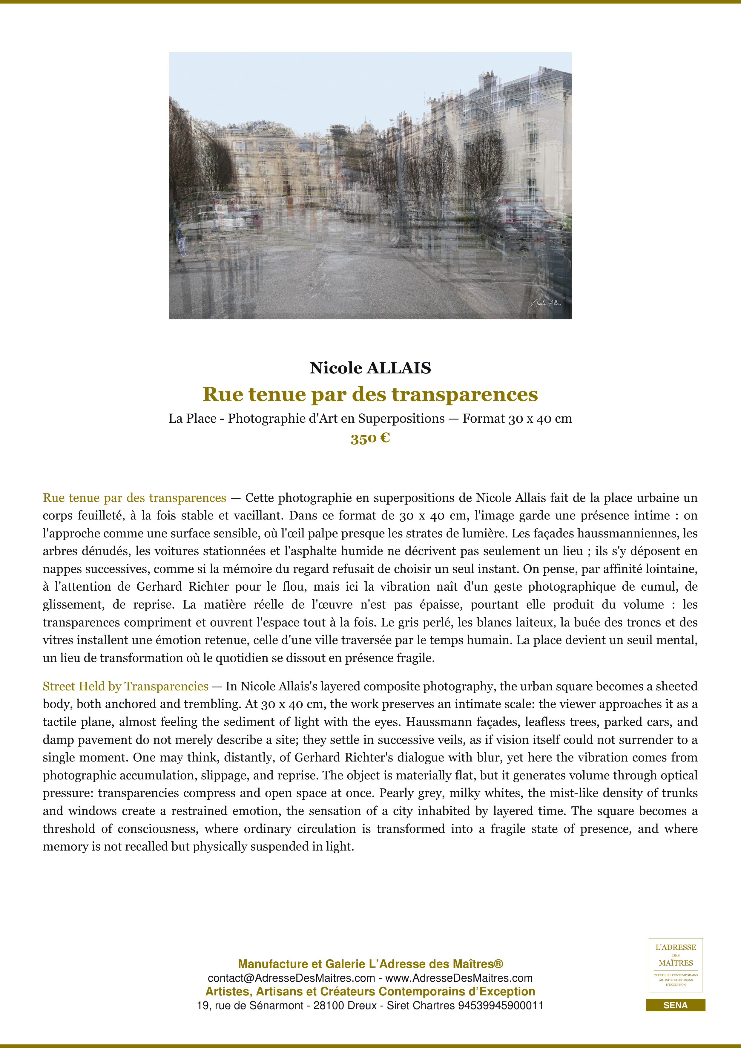 Fiche Premium — Rue tenue par des transparences — Nicole ALLAIS — L'Adresse des Maîtres®
