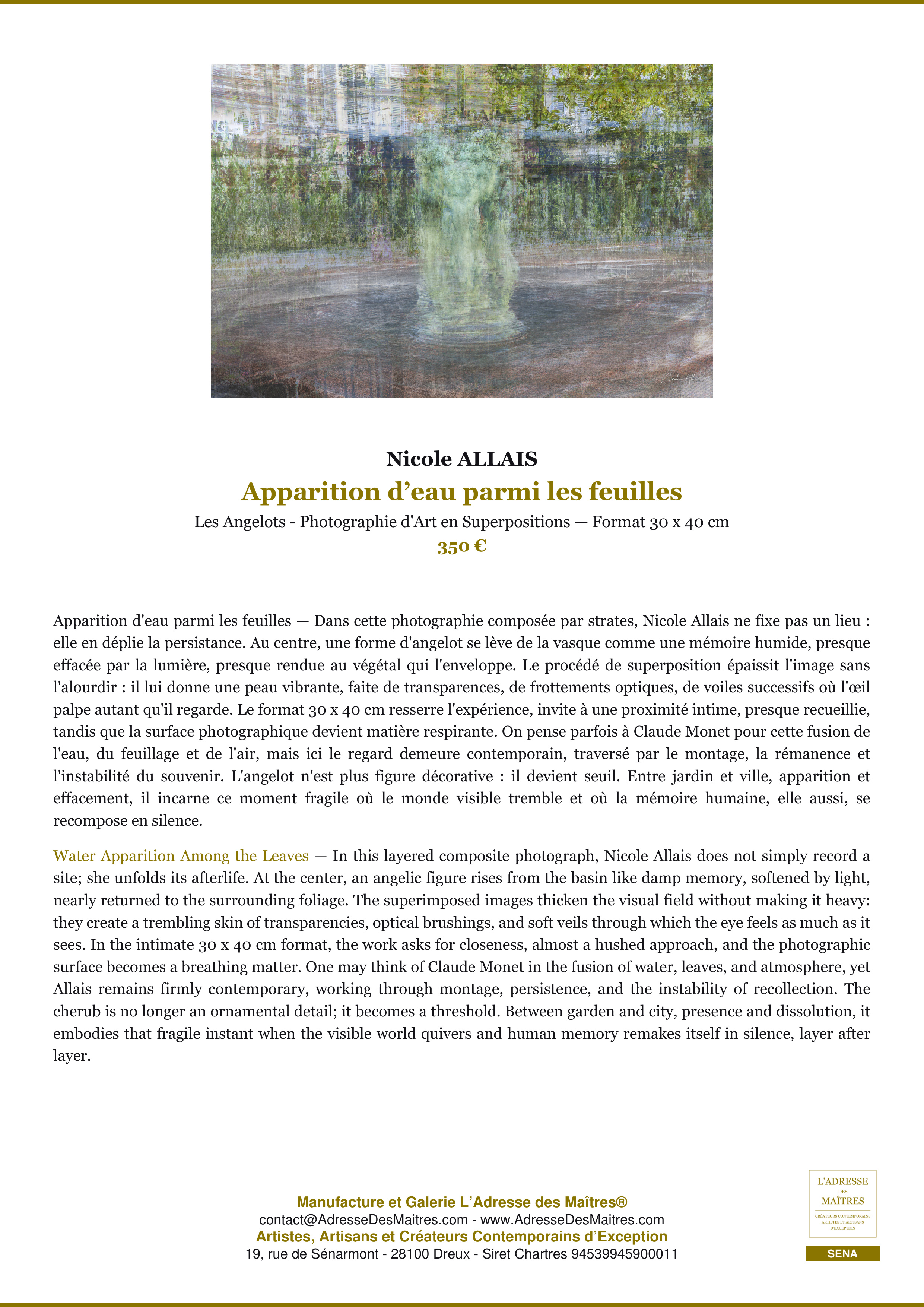 Fiche Premium — Apparition d’eau parmi les feuilles — Nicole ALLAIS — L'Adresse des Maîtres®