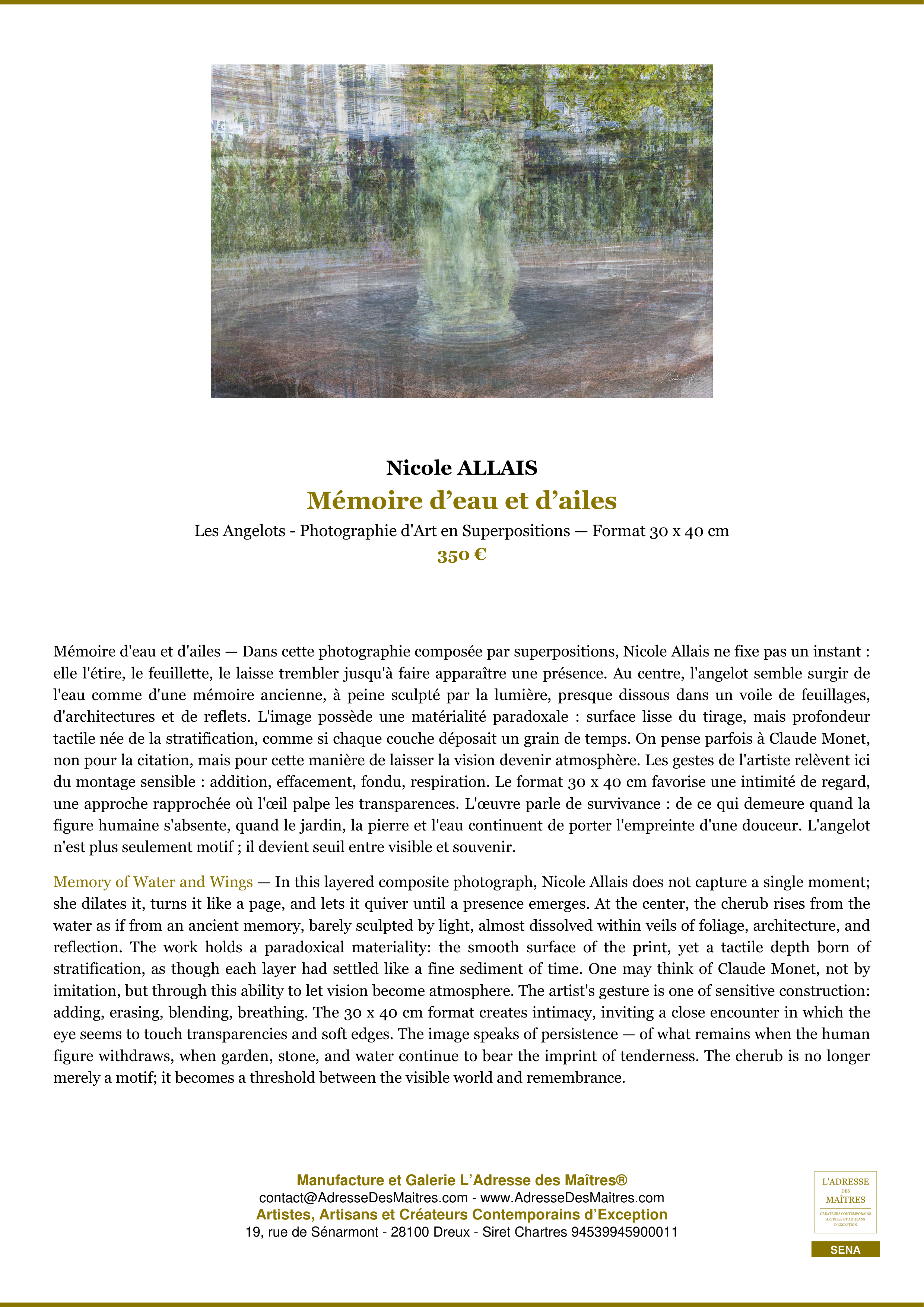 Fiche Premium — Mémoire d’eau et d’ailes — Nicole ALLAIS — L'Adresse des Maîtres®