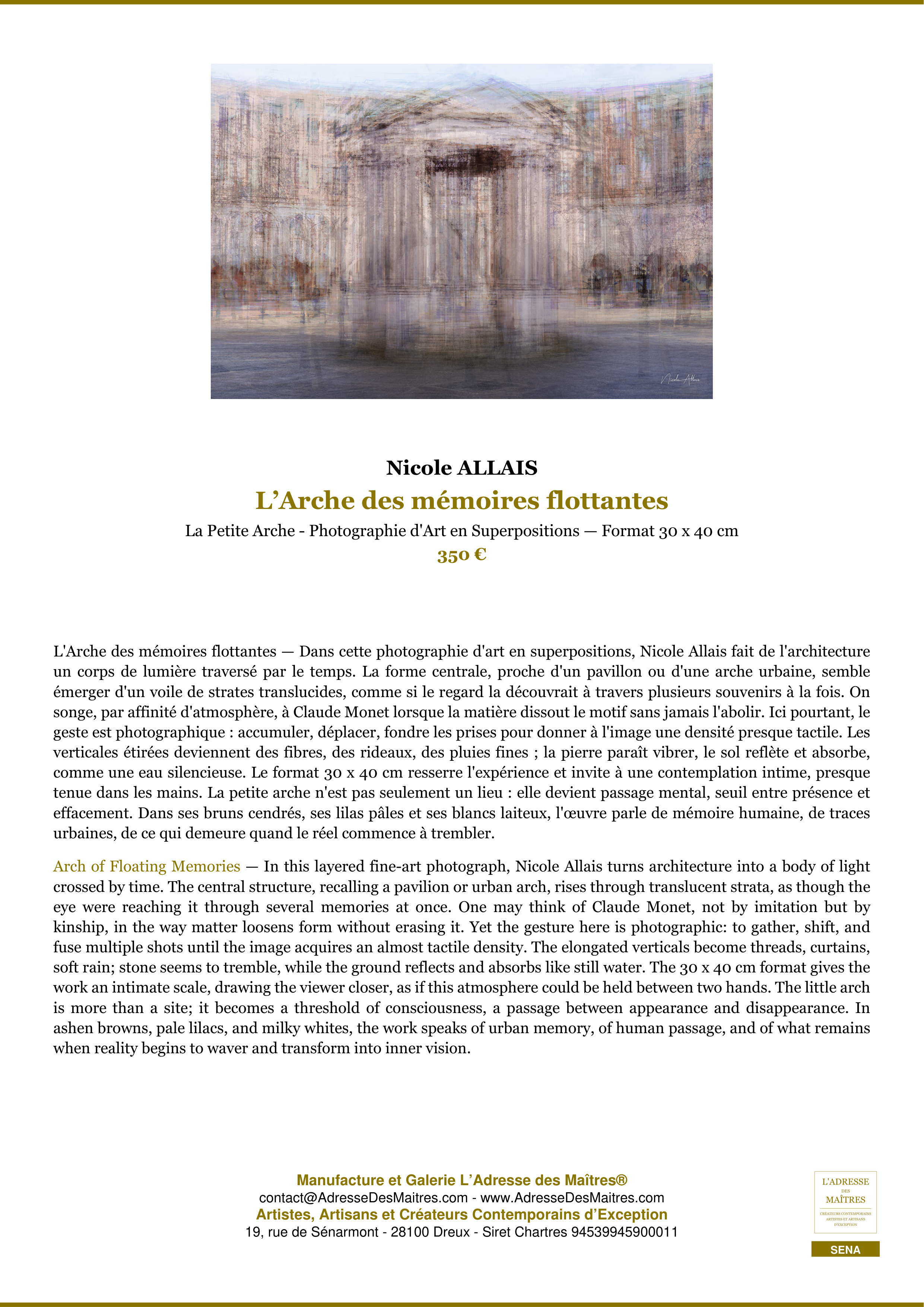 Fiche Premium — L’Arche des mémoires flottantes — Nicole ALLAIS — L'Adresse des Maîtres®