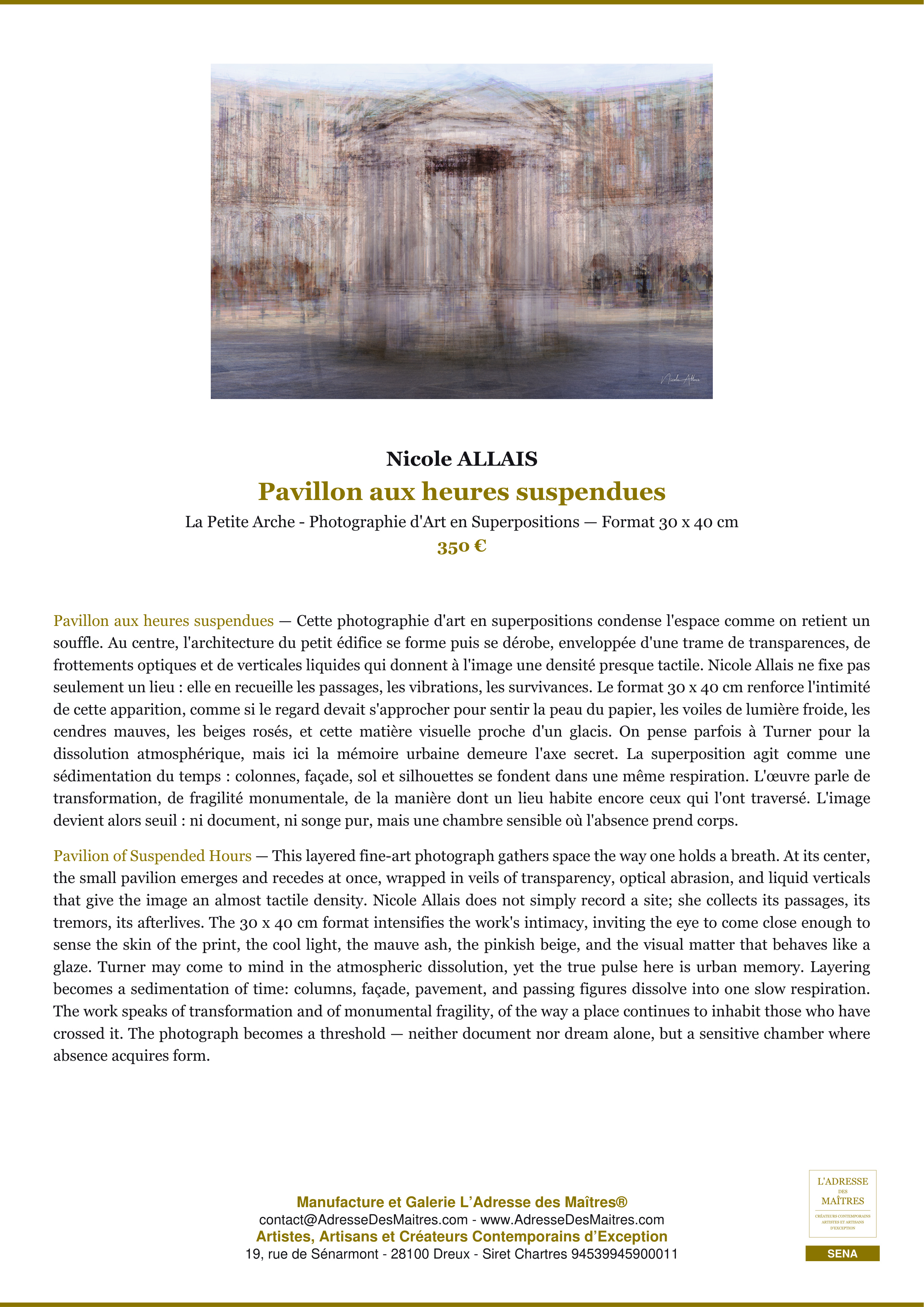Fiche Premium — Pavillon aux heures suspendues — Nicole ALLAIS — L'Adresse des Maîtres®