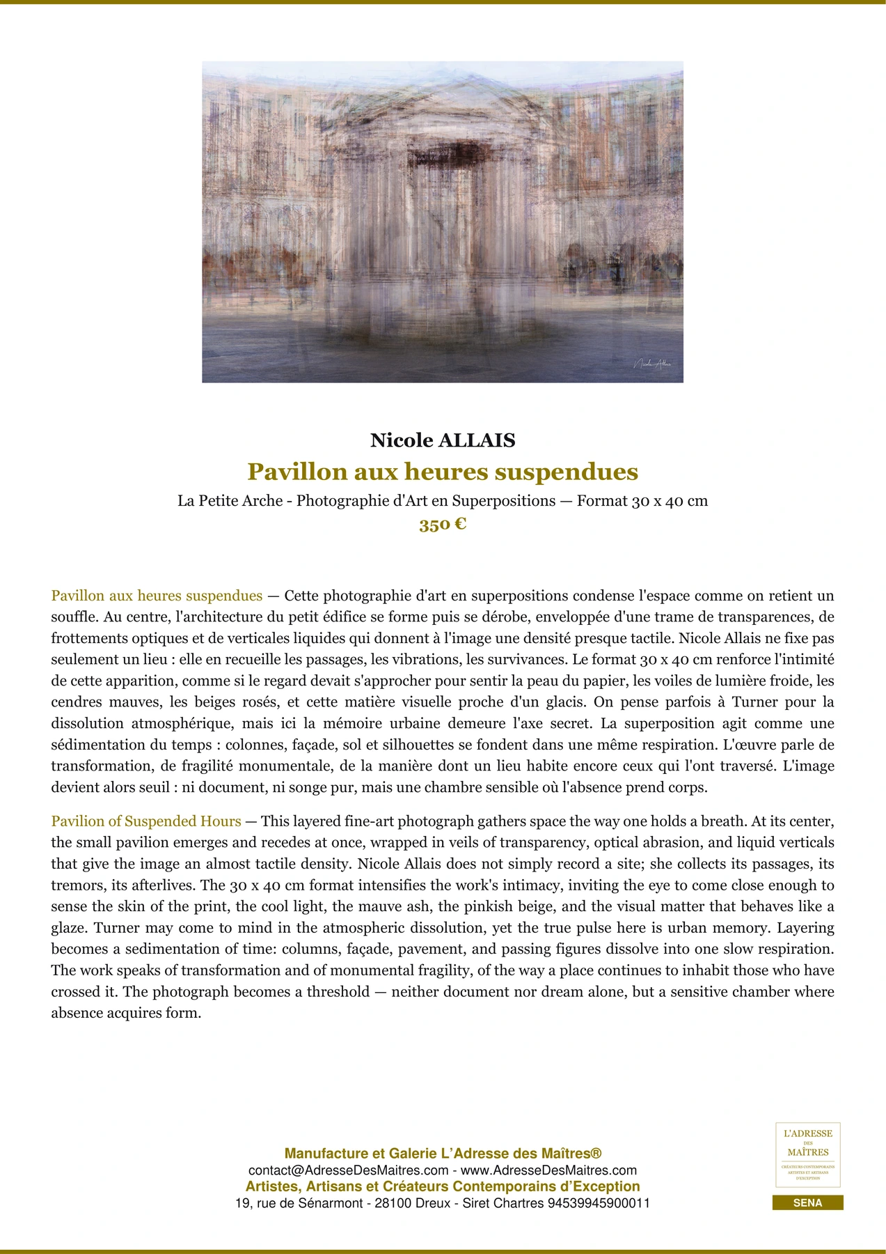 Fiche Premium — Pavillon aux heures suspendues — Nicole ALLAIS — L'Adresse des Maîtres®