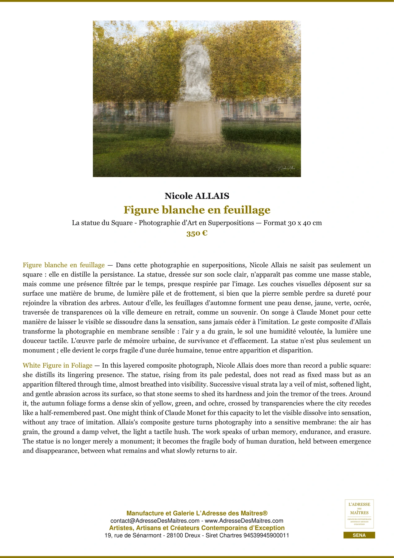 Fiche Premium — Figure blanche en feuillage — Nicole ALLAIS — L'Adresse des Maîtres®