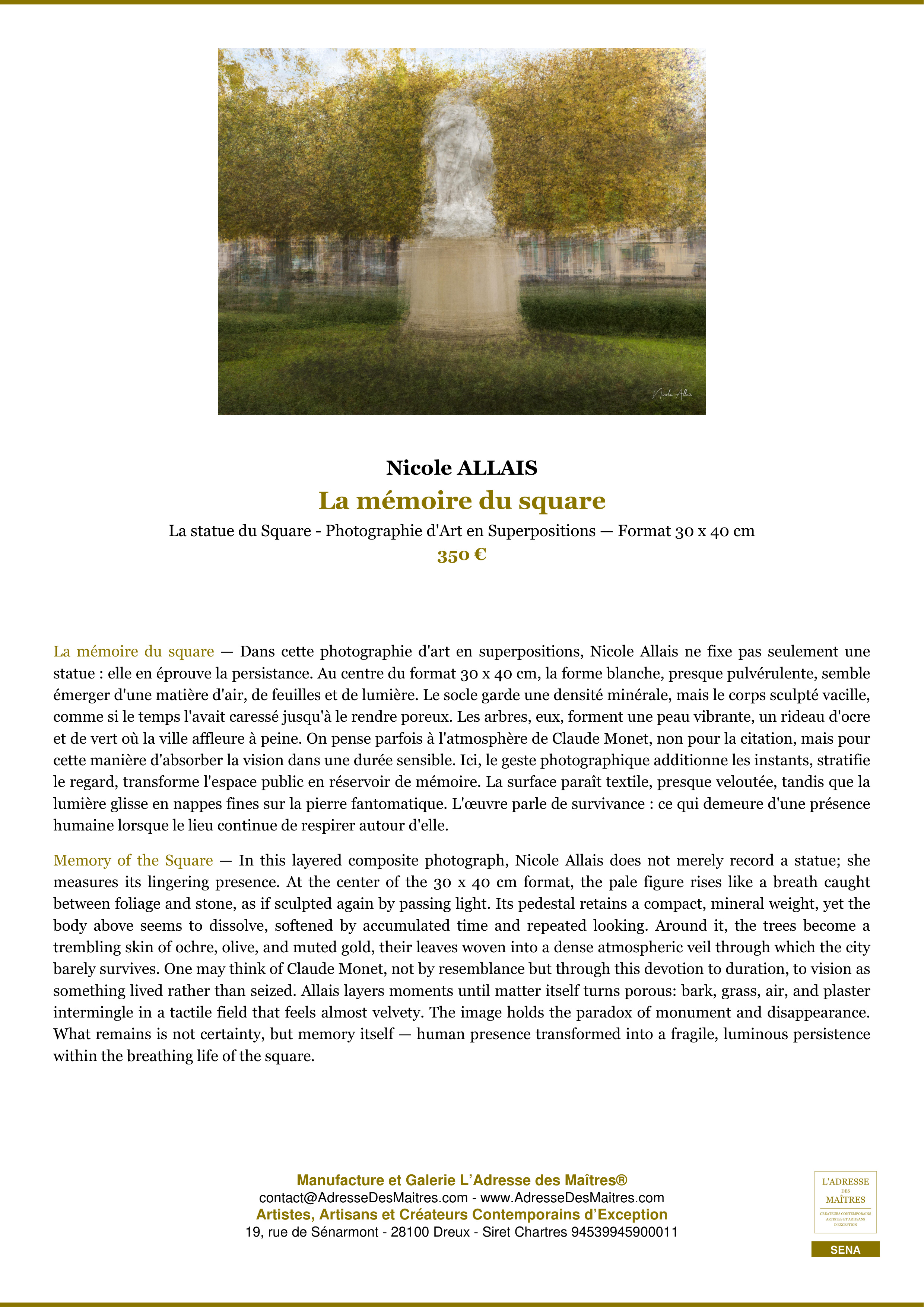 Fiche Premium — La mémoire du square — Nicole ALLAIS — L'Adresse des Maîtres®