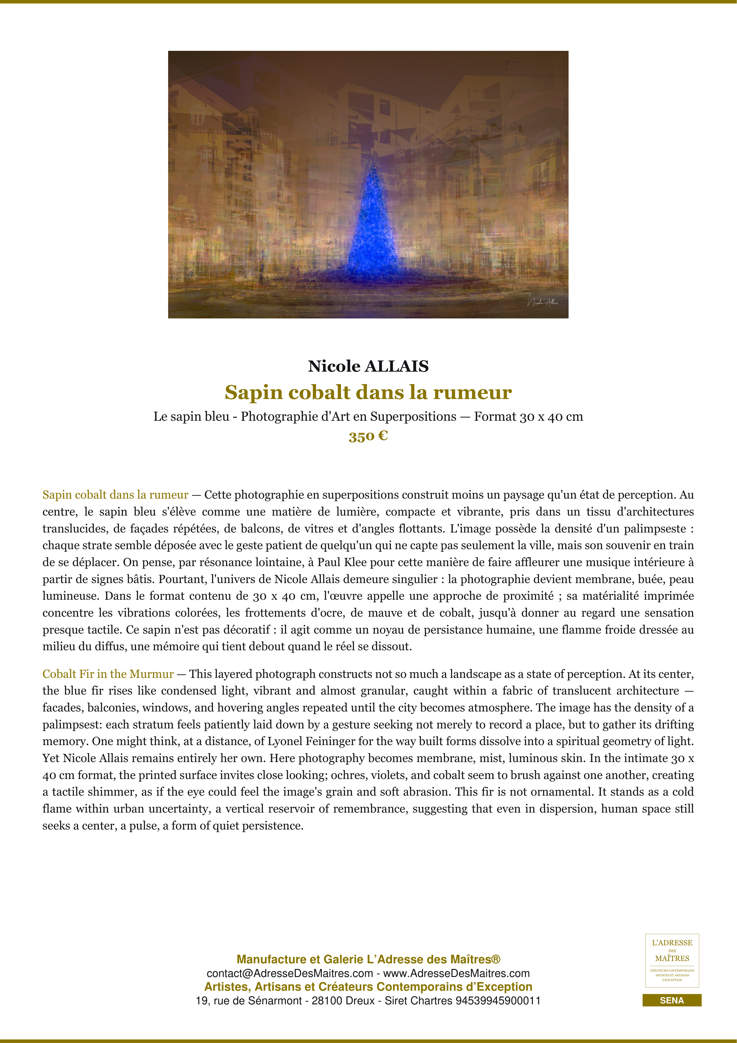 Fiche Premium — Sapin cobalt dans la rumeur — Nicole ALLAIS — L'Adresse des Maîtres®