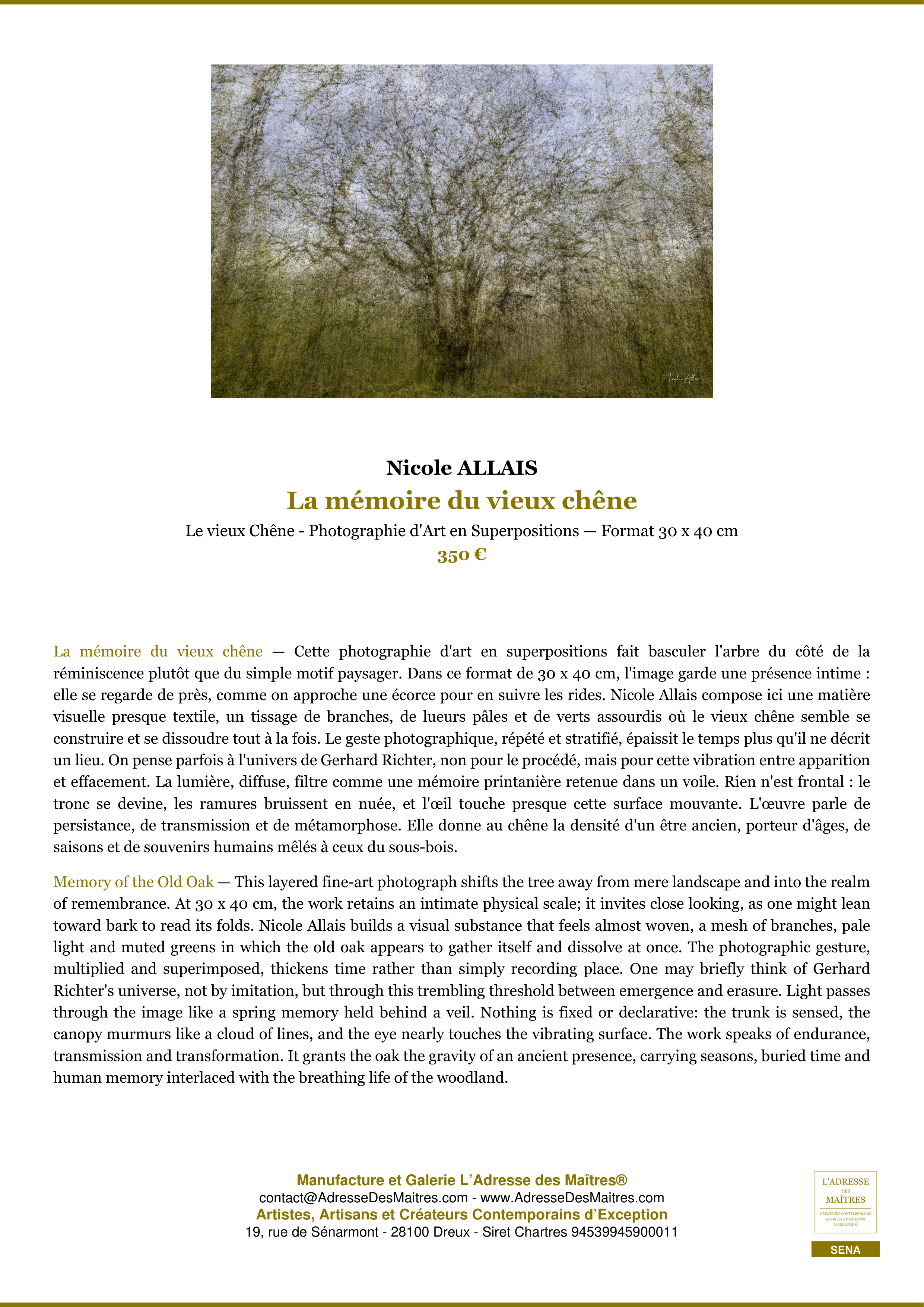 Fiche Premium — La mémoire du vieux chêne — Nicole ALLAIS — L'Adresse des Maîtres®