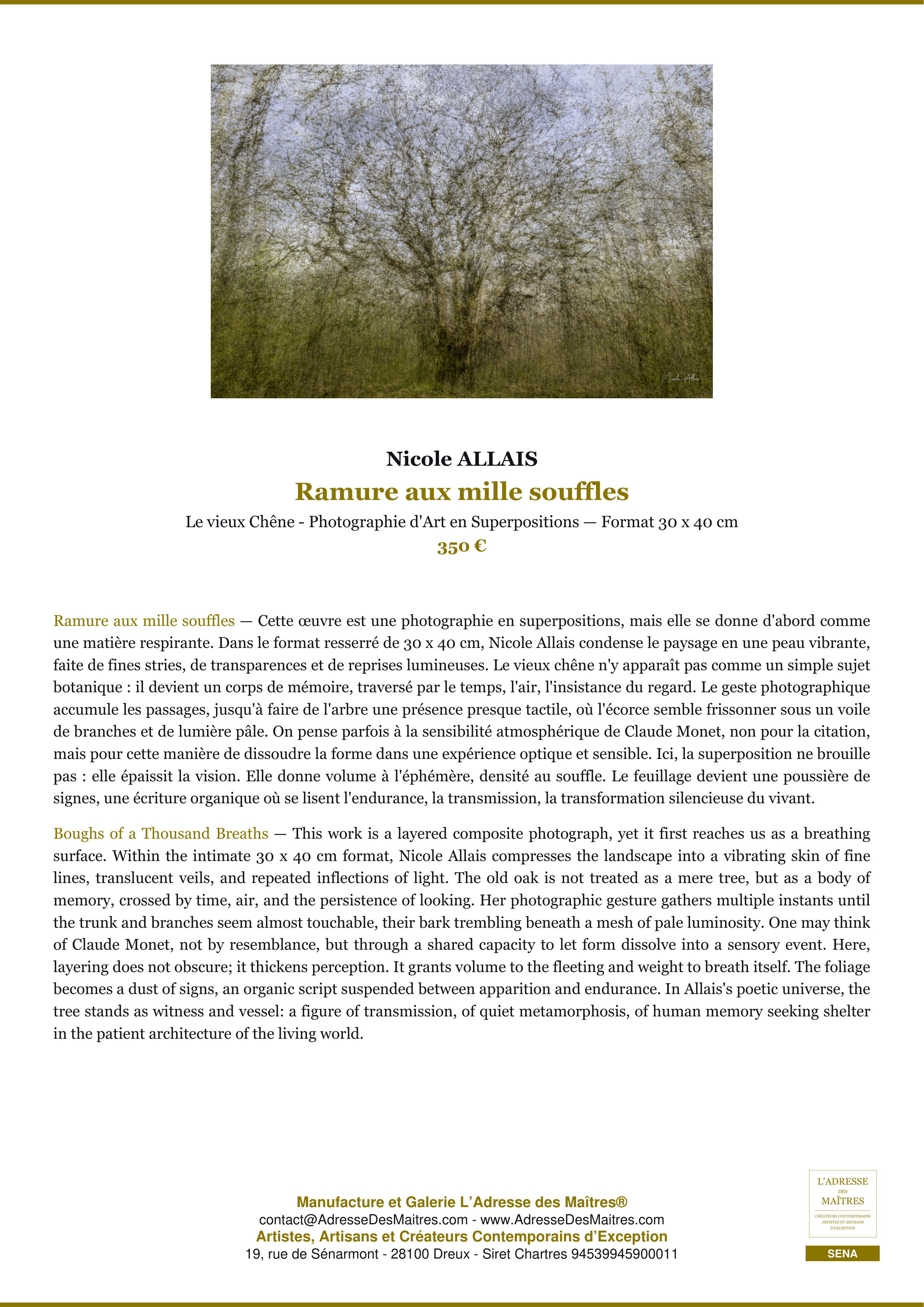 Fiche Premium — Ramure aux mille souffles — Nicole ALLAIS — L'Adresse des Maîtres®