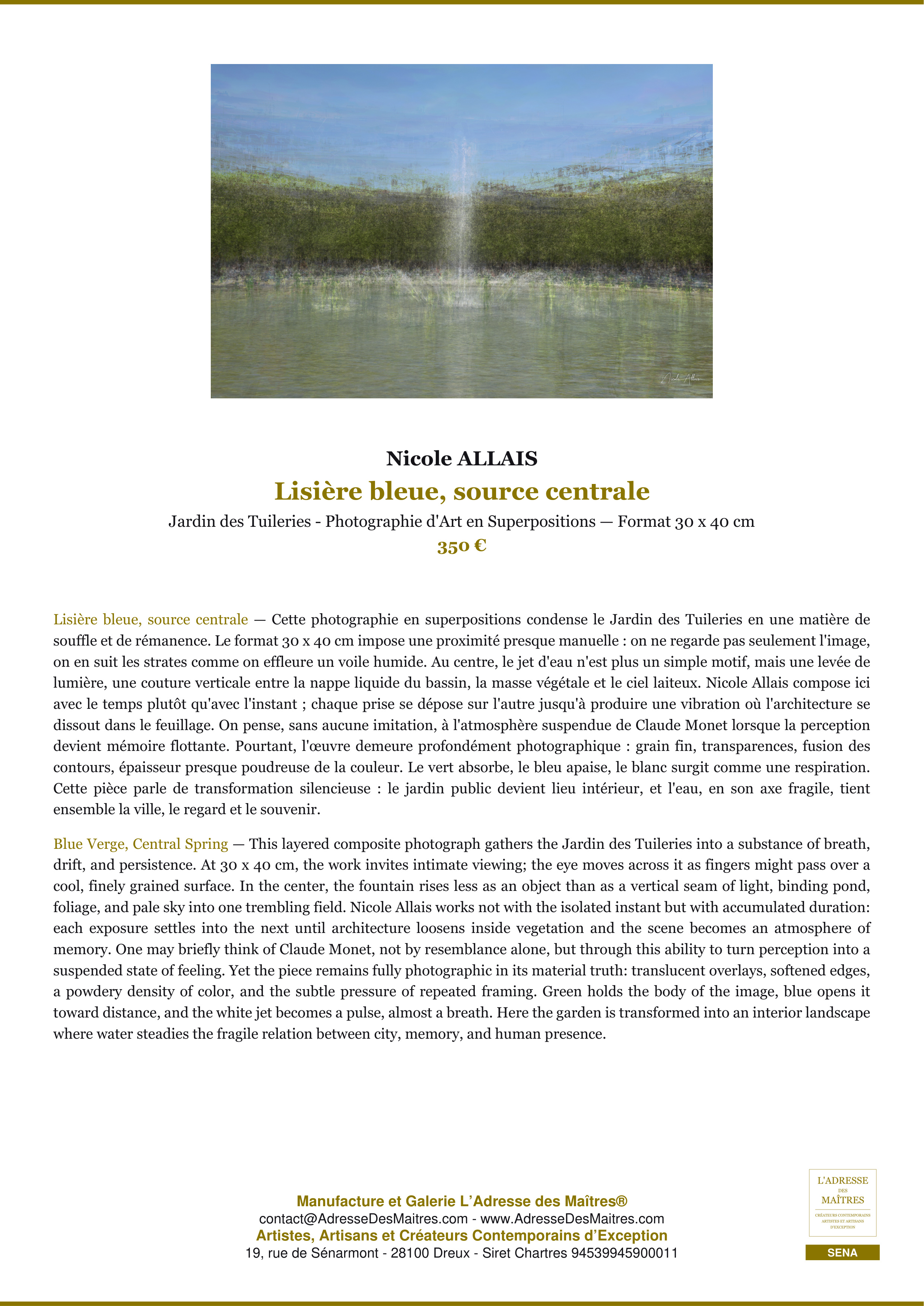 Fiche Premium — Lisière bleue, source centrale — Nicole ALLAIS — L'Adresse des Maîtres®