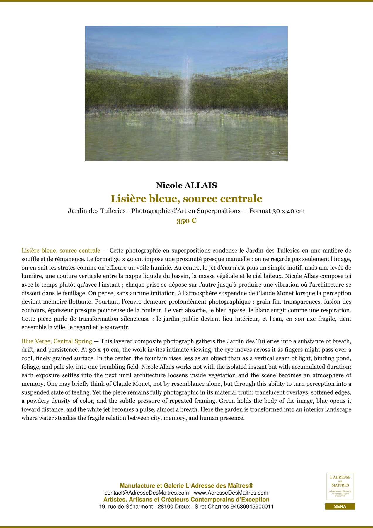 Fiche Premium — Lisière bleue, source centrale — Nicole ALLAIS — L'Adresse des Maîtres®