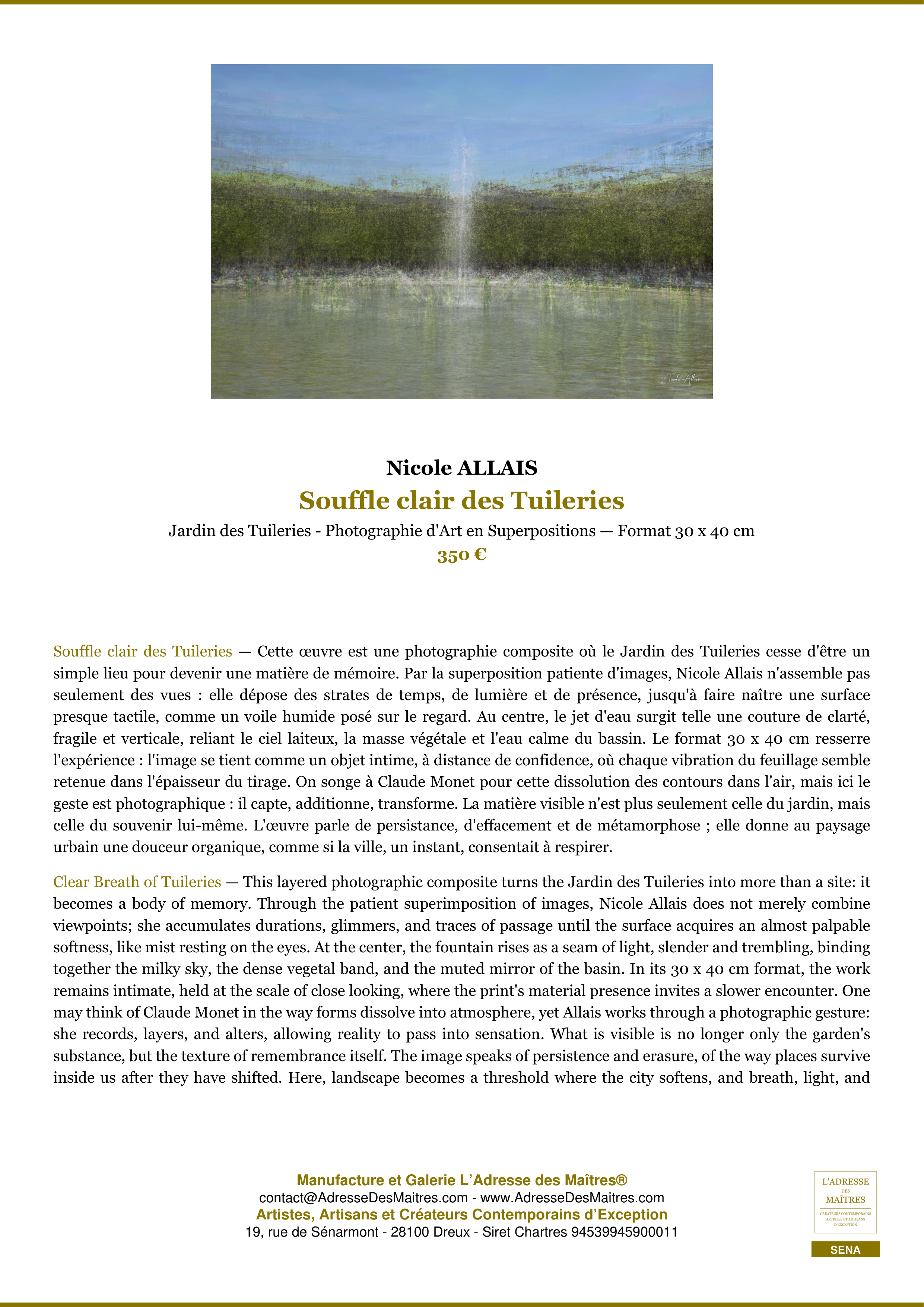 Fiche Premium — Souffle clair des Tuileries — Nicole ALLAIS — L'Adresse des Maîtres®