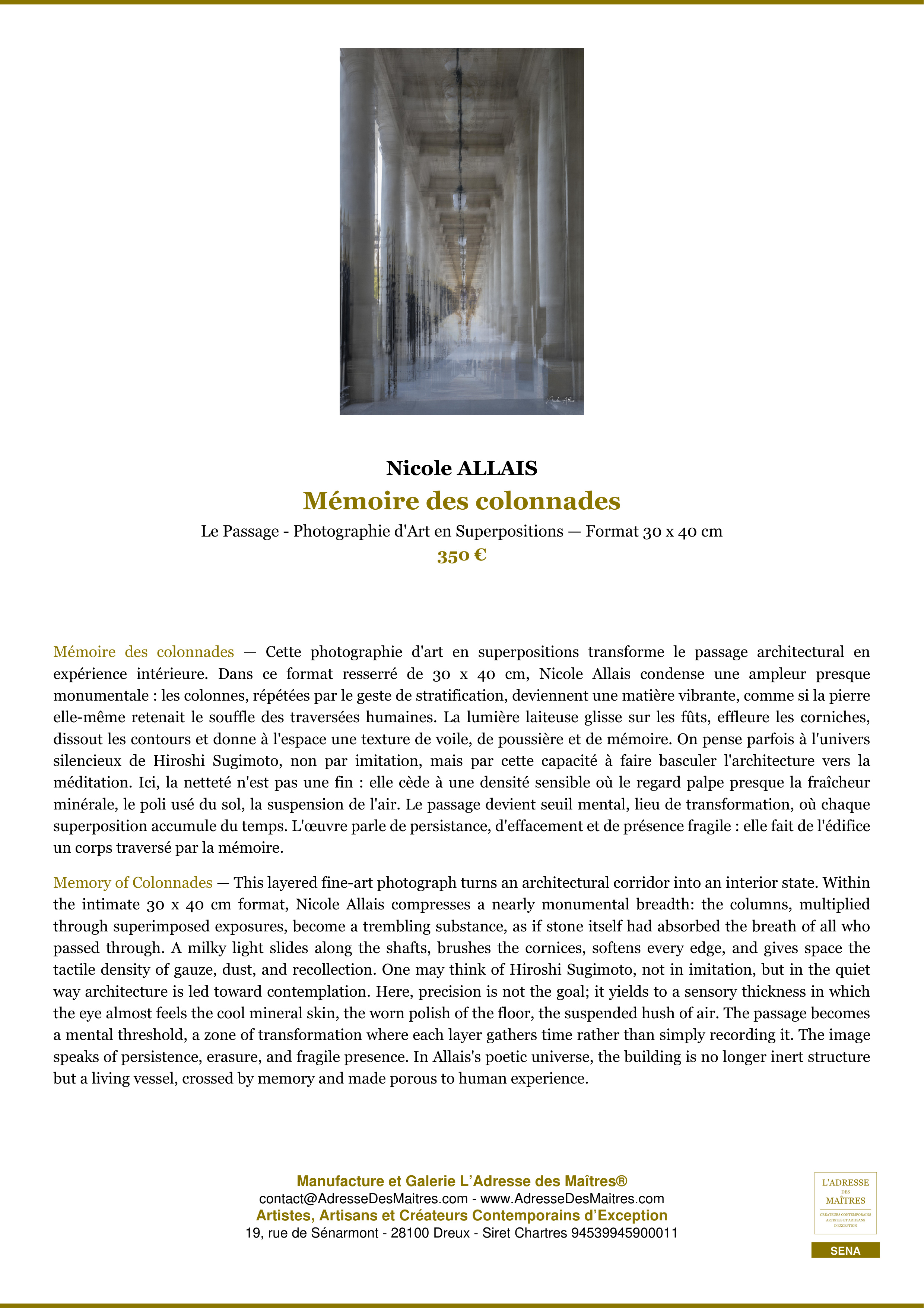 Fiche Premium — Mémoire des colonnades — Nicole ALLAIS — L'Adresse des Maîtres®