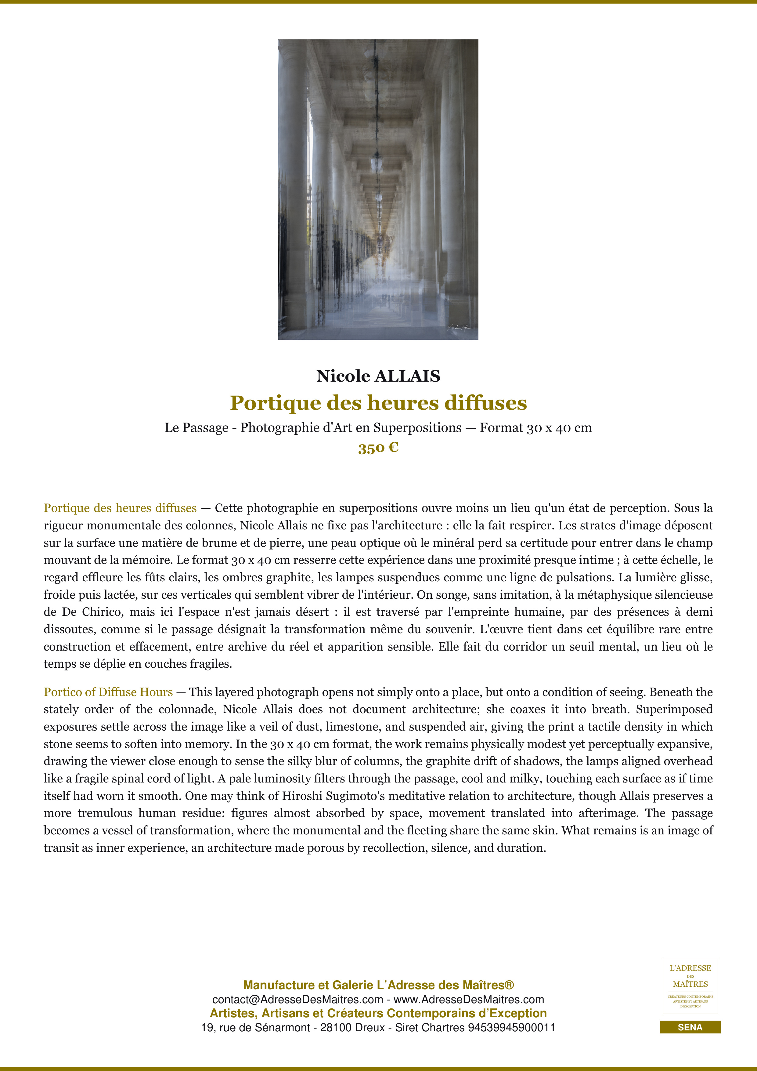 Fiche Premium — Portique des heures diffuses — Nicole ALLAIS — L'Adresse des Maîtres®