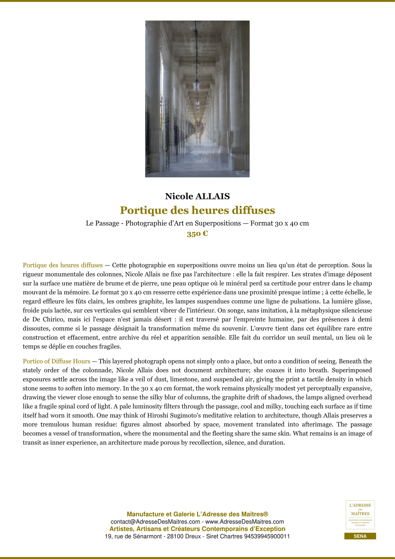 Fiche Premium — Portique des heures diffuses — Nicole ALLAIS — L'Adresse des Maîtres®
