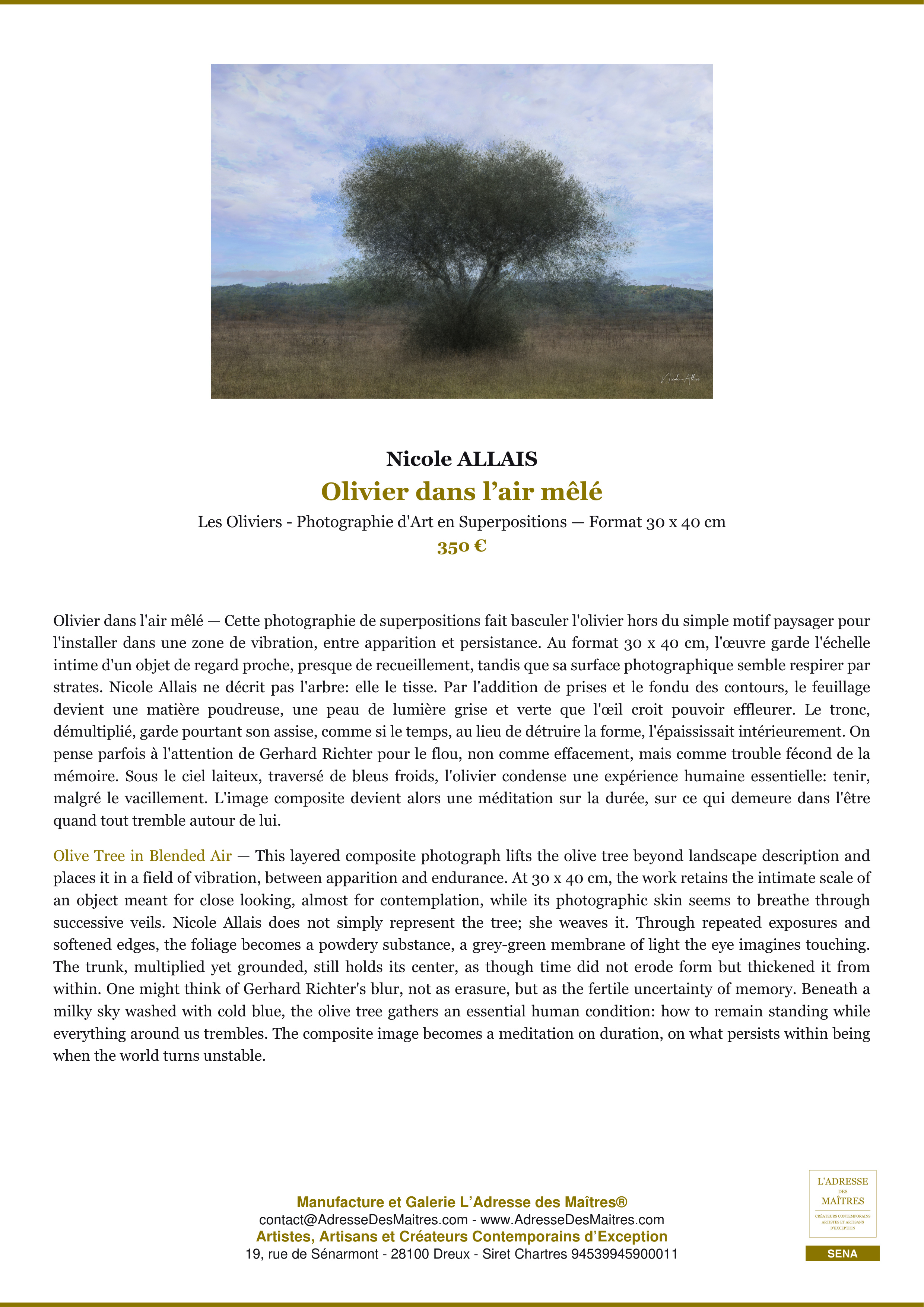 Fiche Premium — Olivier dans l’air mêlé — Nicole ALLAIS — L'Adresse des Maîtres®