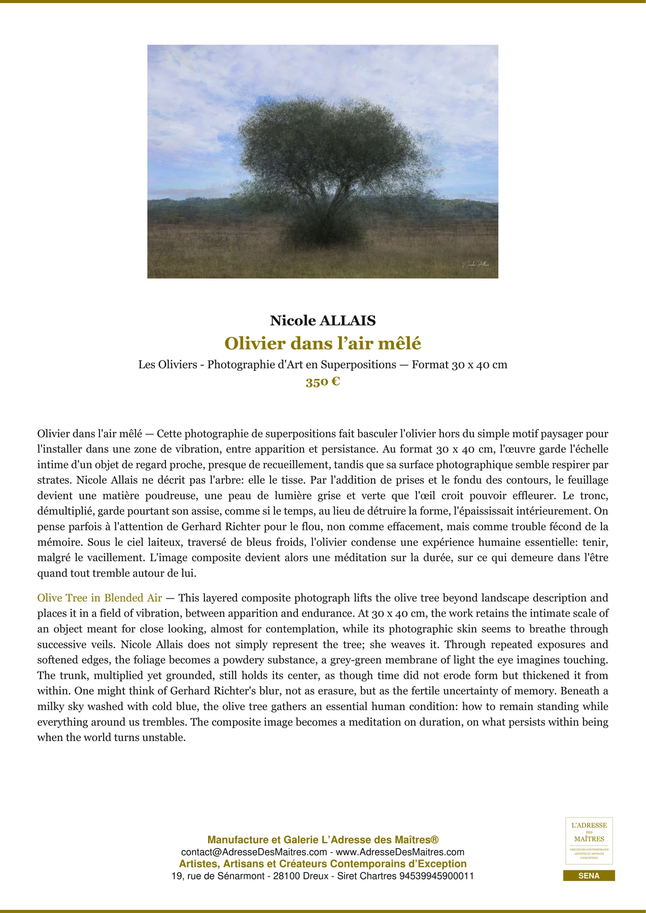Fiche Premium — Olivier dans l’air mêlé — Nicole ALLAIS — L'Adresse des Maîtres®