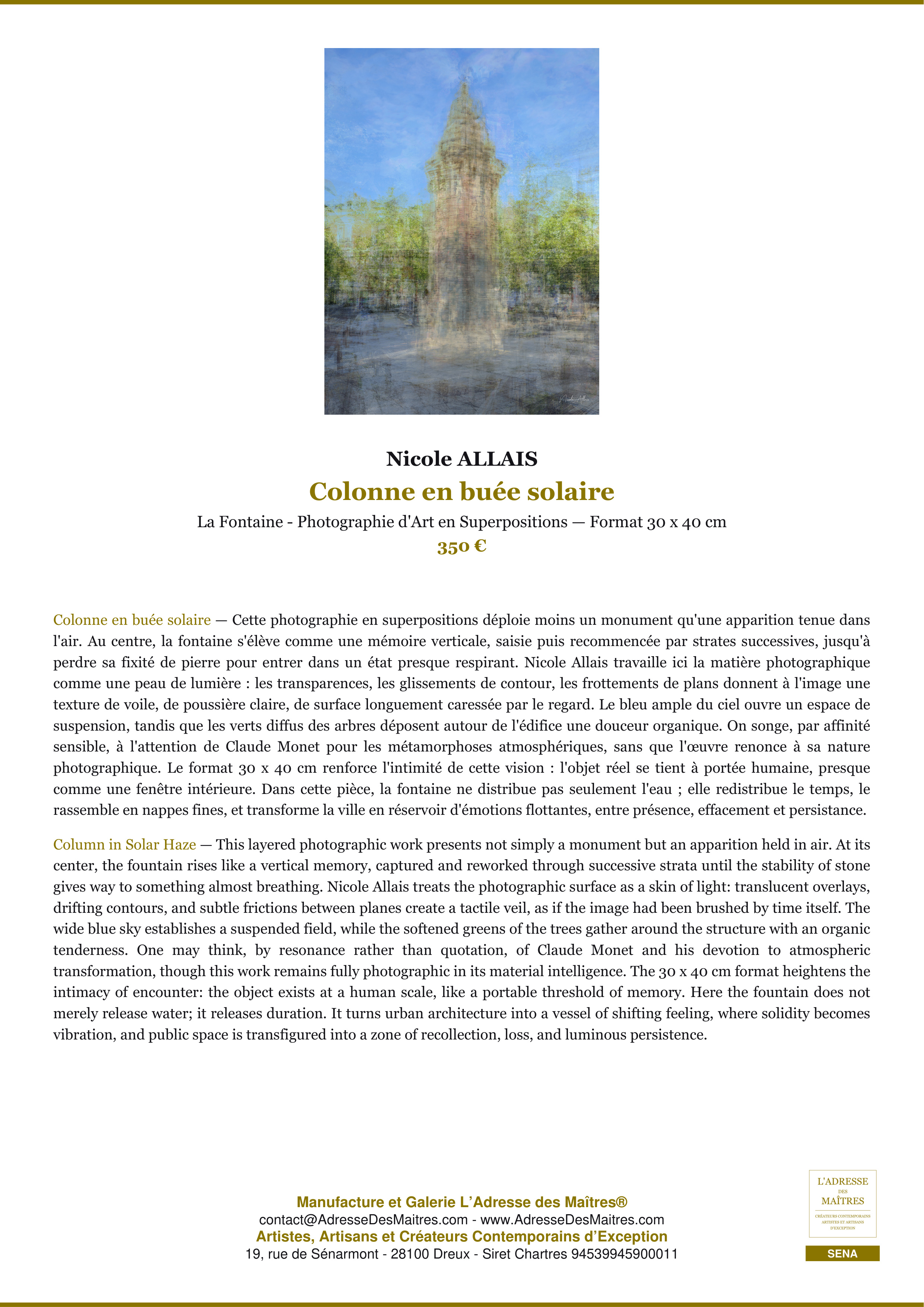 Fiche Premium — Colonne en buée solaire — Nicole ALLAIS — L'Adresse des Maîtres®