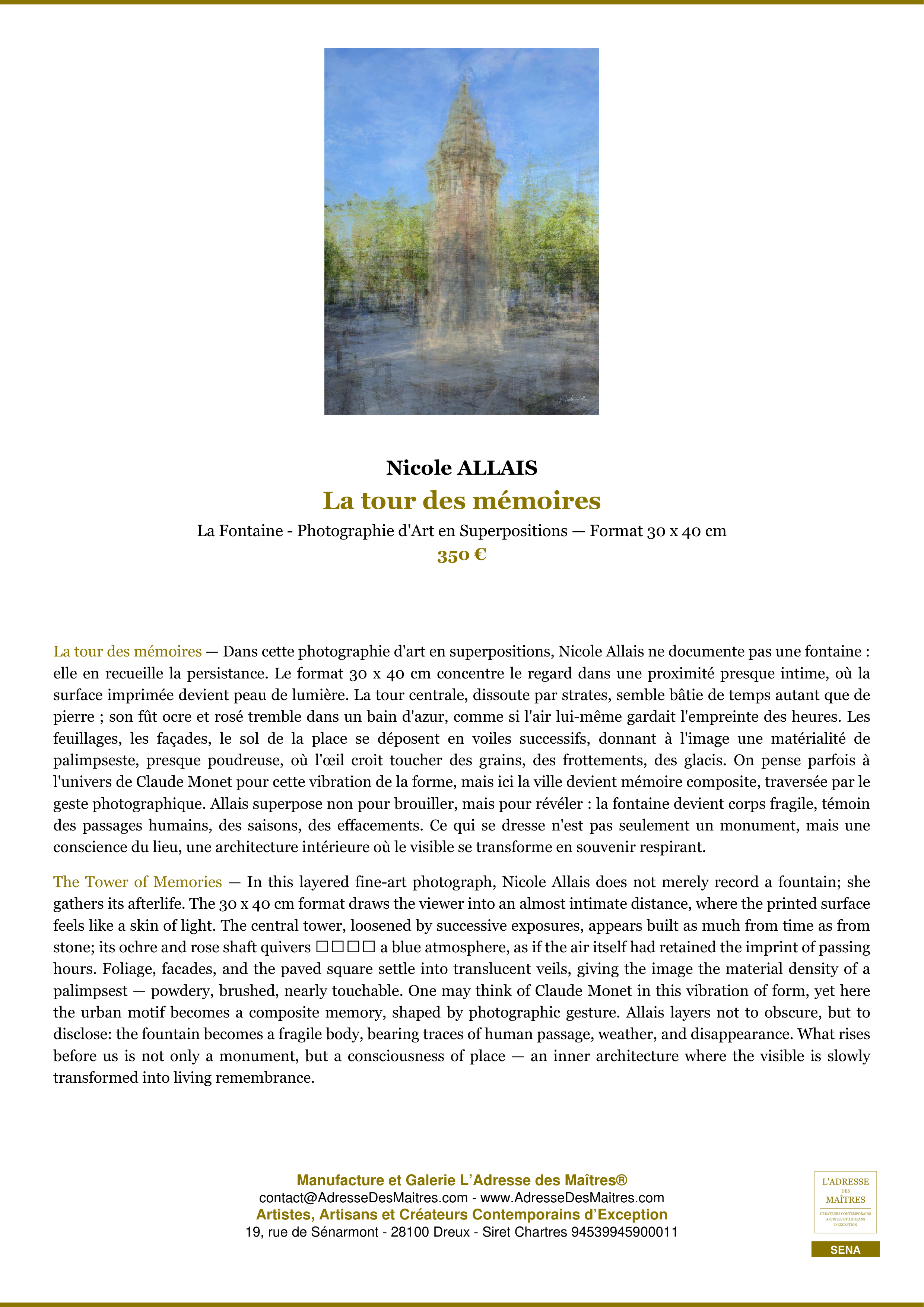 Fiche Premium — La tour des mémoires — Nicole ALLAIS — L'Adresse des Maîtres®