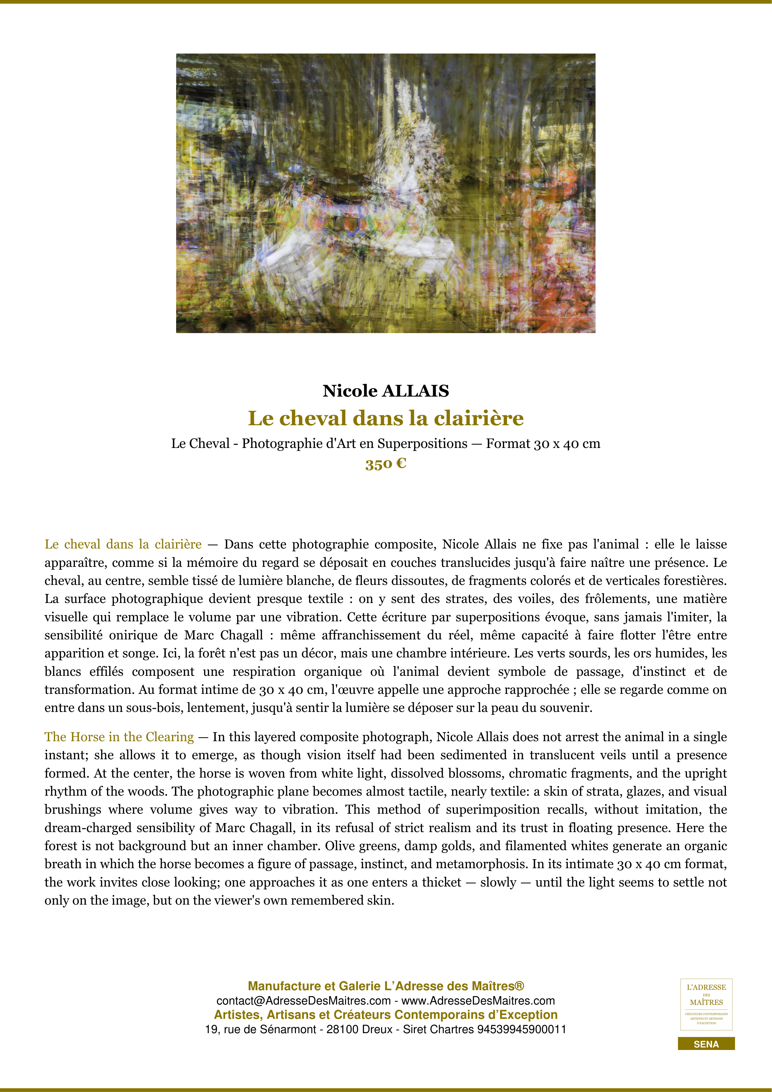 Fiche Premium — Le cheval dans la clairière — Nicole ALLAIS — L'Adresse des Maîtres®