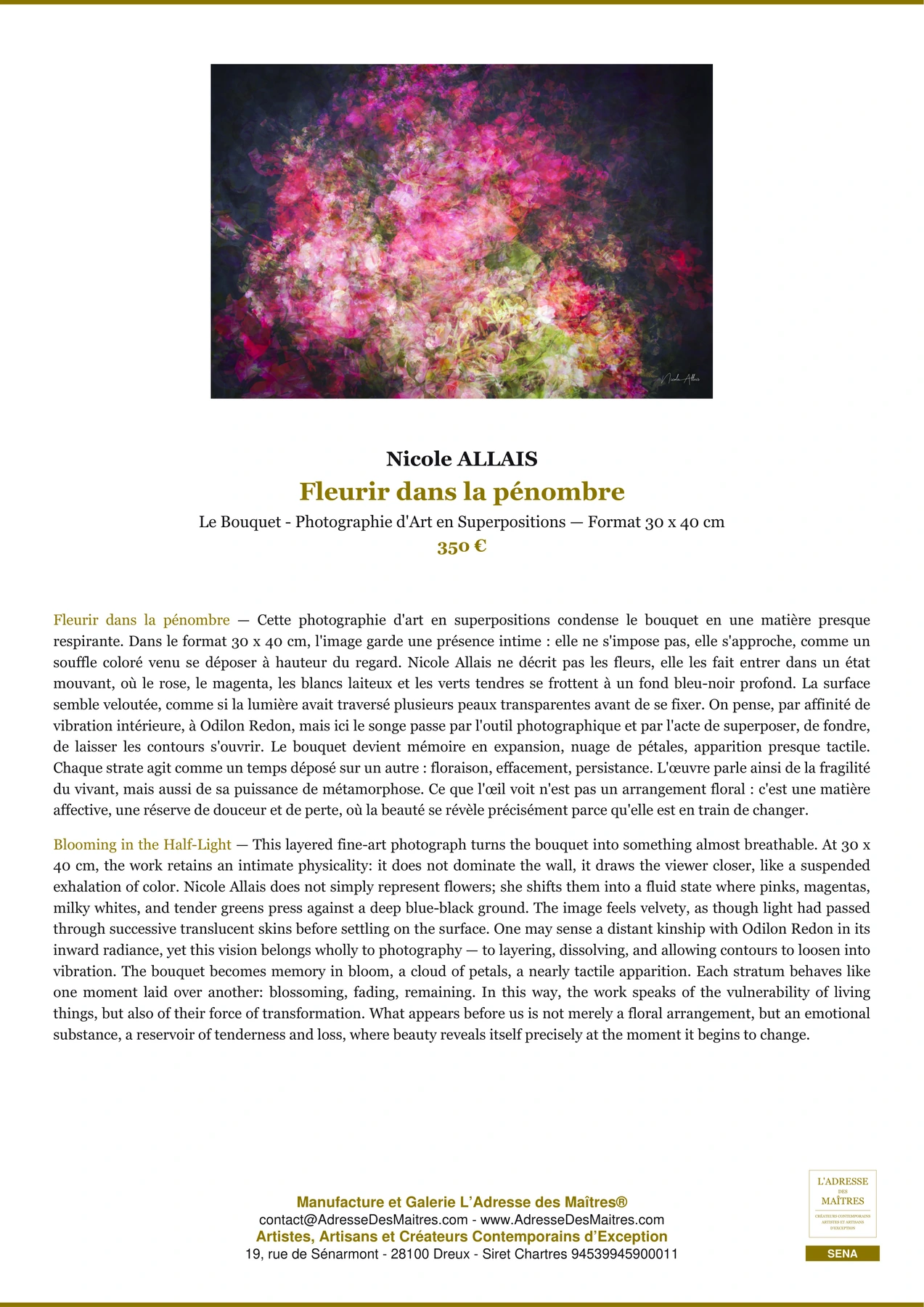 Fiche Premium - Fleurir dans la pénombre - Nicole ALLAIS - L'Adresse des Maîtres®