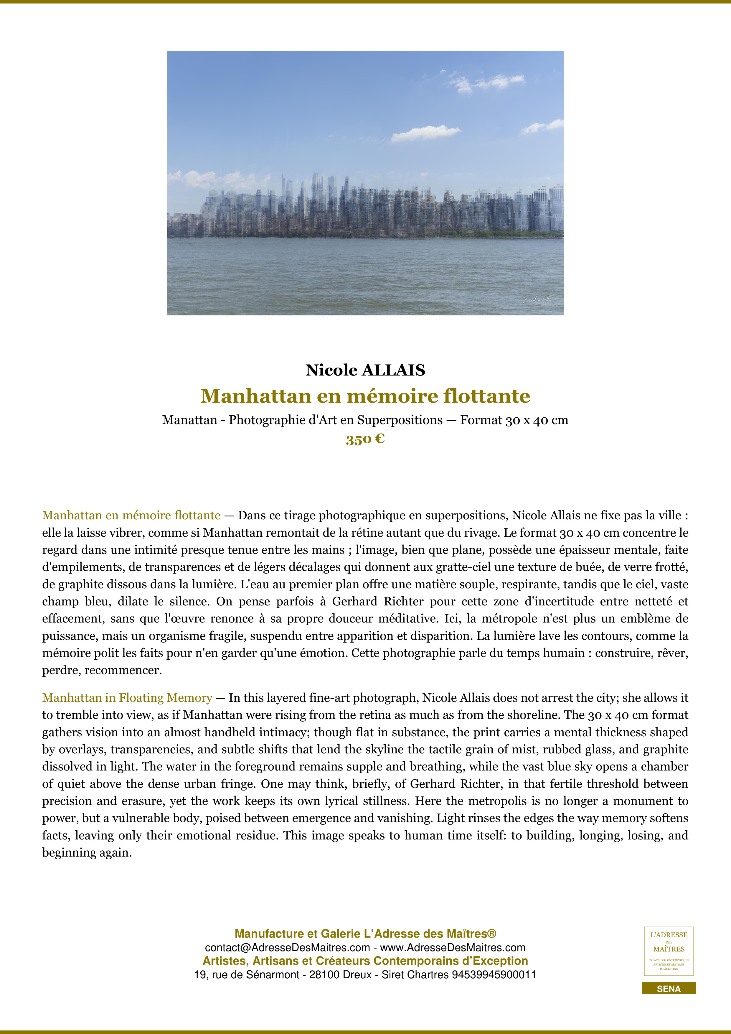 Fiche Premium — Manhattan en mémoire flottante — Nicole ALLAIS — L'Adresse des Maîtres®