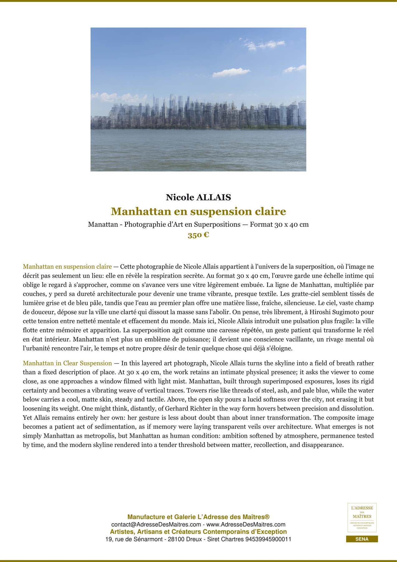 Fiche Premium — Manhattan en suspension claire — Nicole ALLAIS — L'Adresse des Maîtres®