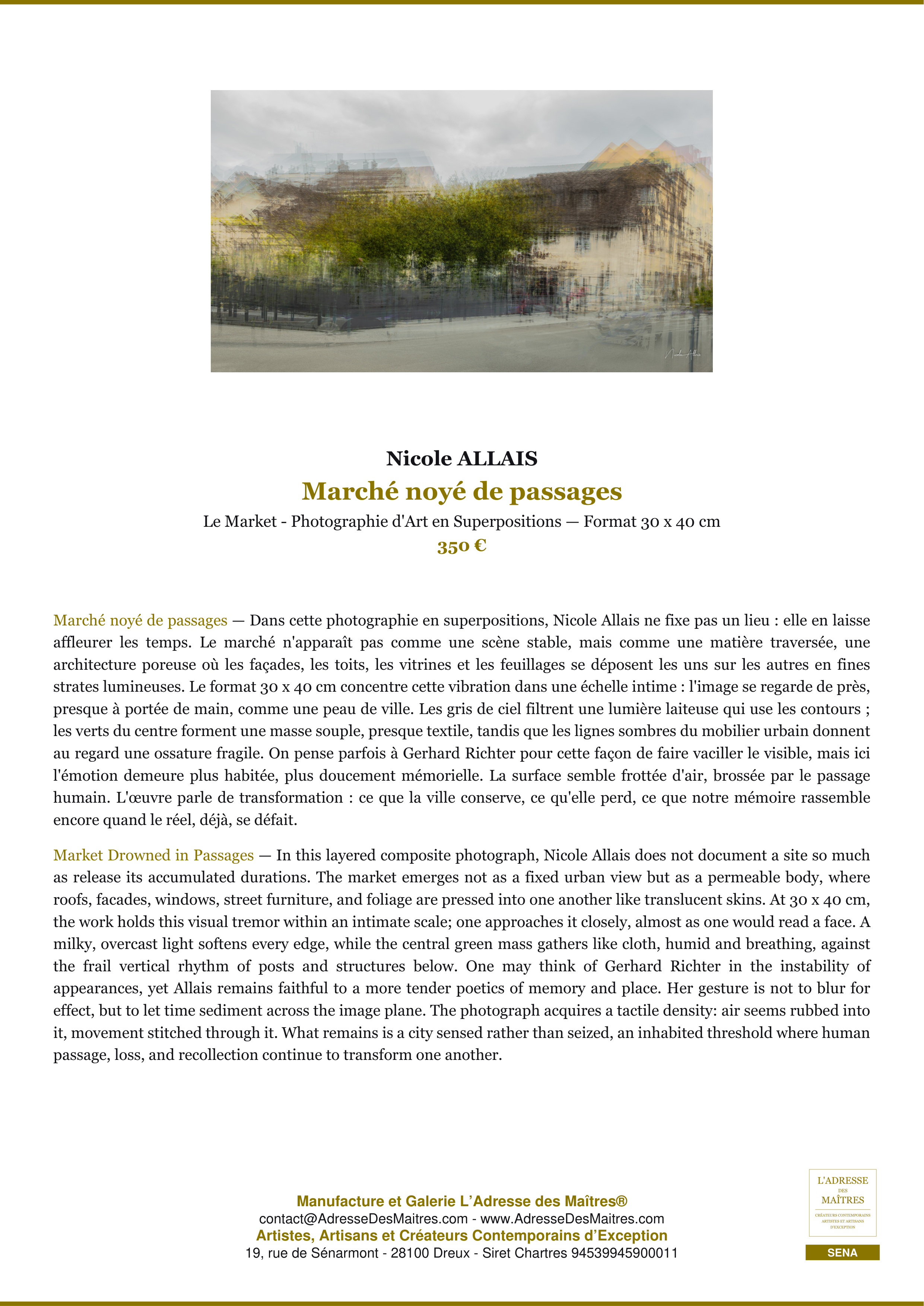 Fiche Premium — Marché noyé de passages — Nicole ALLAIS — L'Adresse des Maîtres®