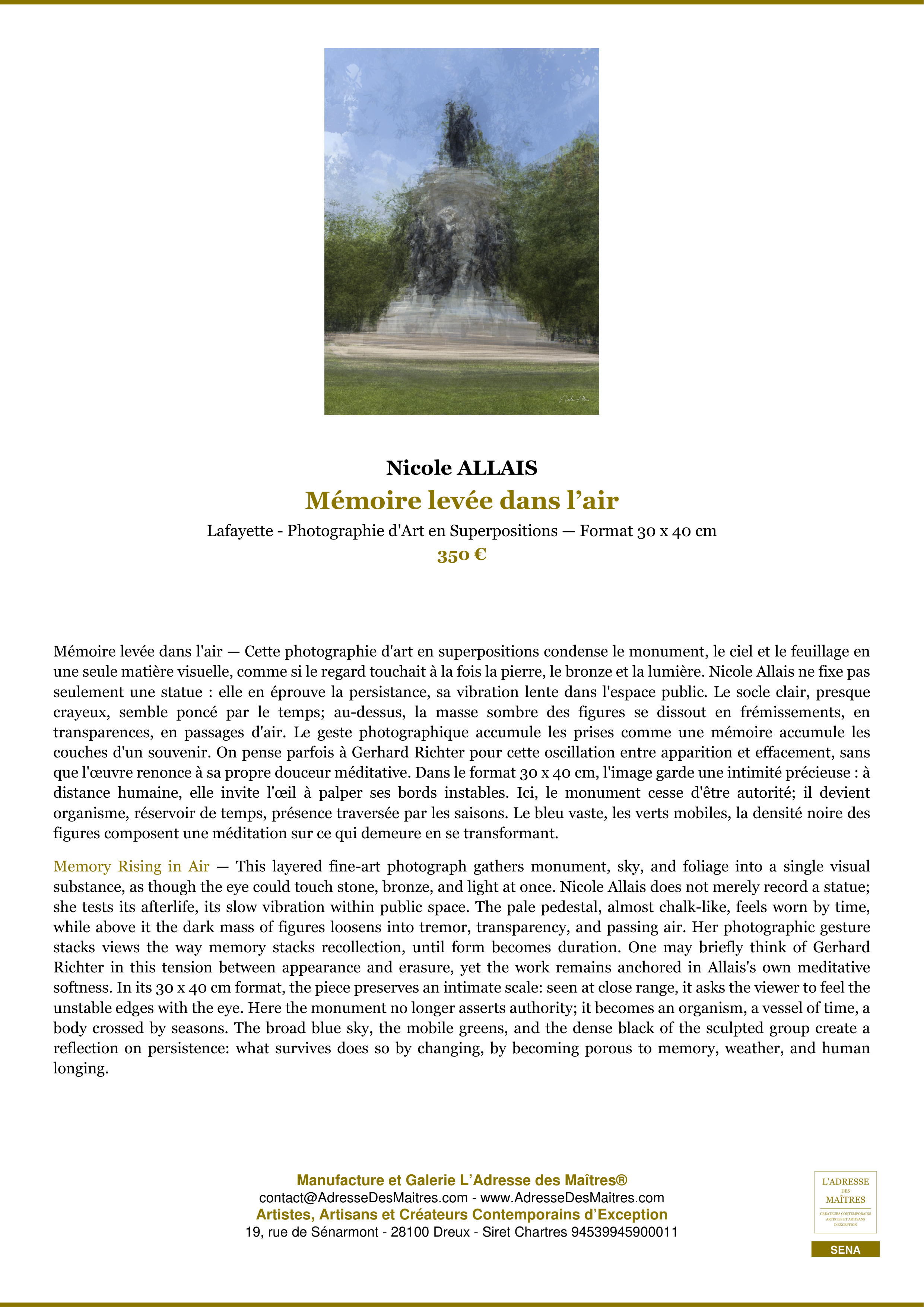 Fiche Premium — Mémoire levée dans l’air — Nicole ALLAIS — L'Adresse des Maîtres®